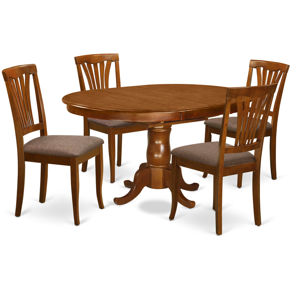 Juego de comedor de 5 piezas East West Furniture POAV5-SBR-C para 4 personas. Incluye una mesa de comedor ovalada con diseño de hojas de mariposa y 4 sillas de comedor de cocina de tela de lino.