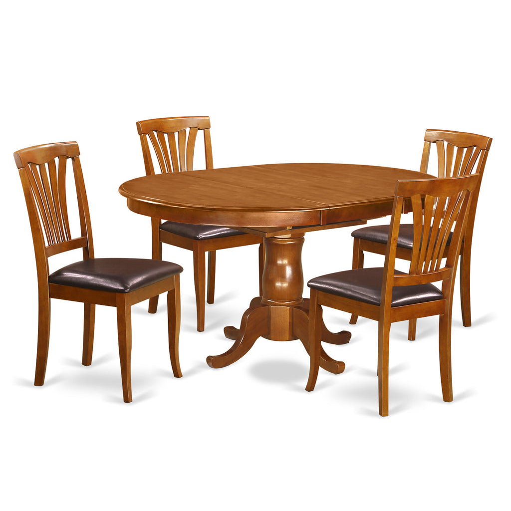 Juego de mesa de cocina de 5 piezas para 4 personas East West Furniture POAV5-SBR-LC. Incluye una mesa de comedor ovalada con diseño de hojas de mariposa y 4 sillas tapizadas en piel sintética.