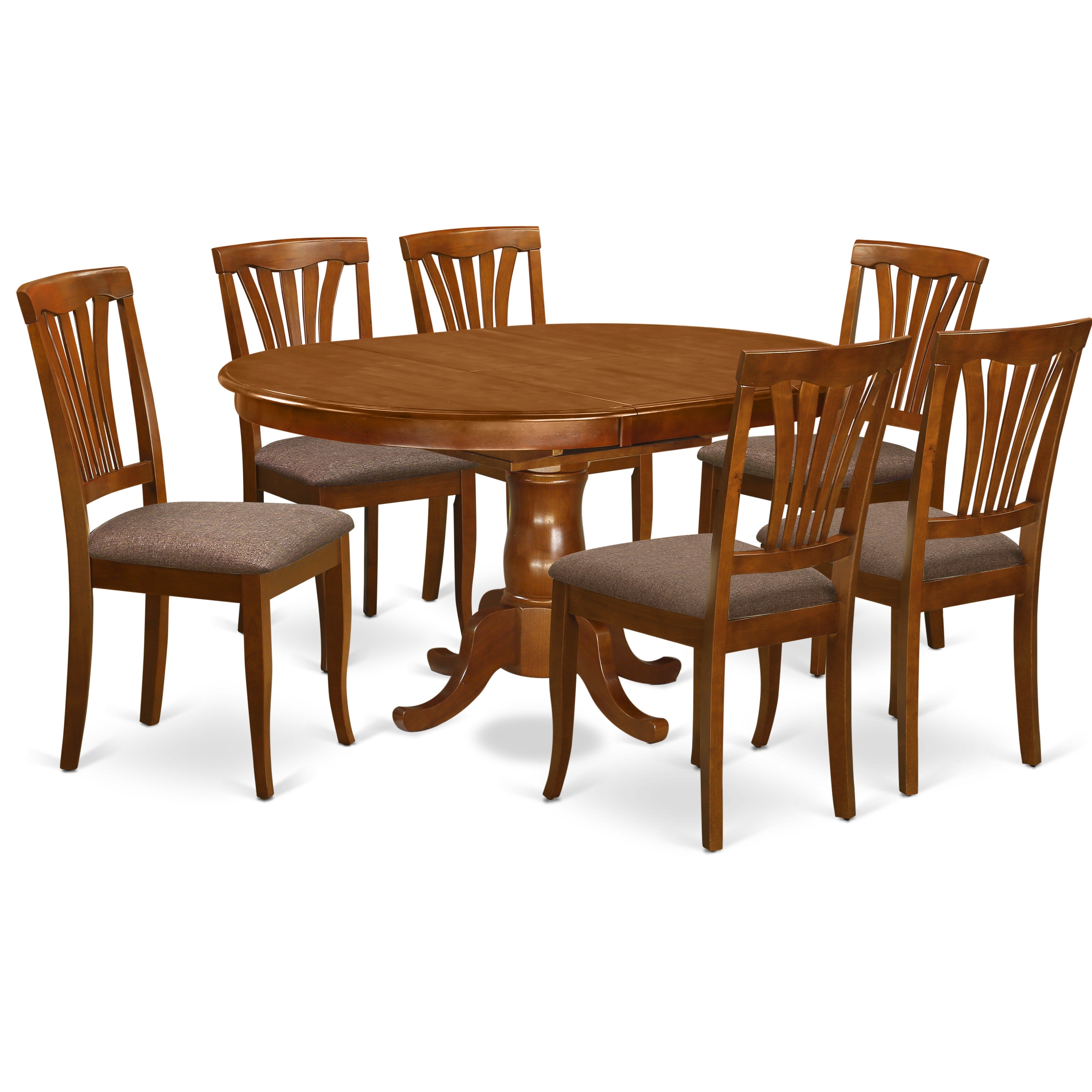 Juego de mesa de comedor moderna de 7 piezas East West Furniture POAV7-SBR-C. Incluye una mesa ovalada de madera con hojas de mariposa y 6 sillas de comedor tapizadas en tela de lino.