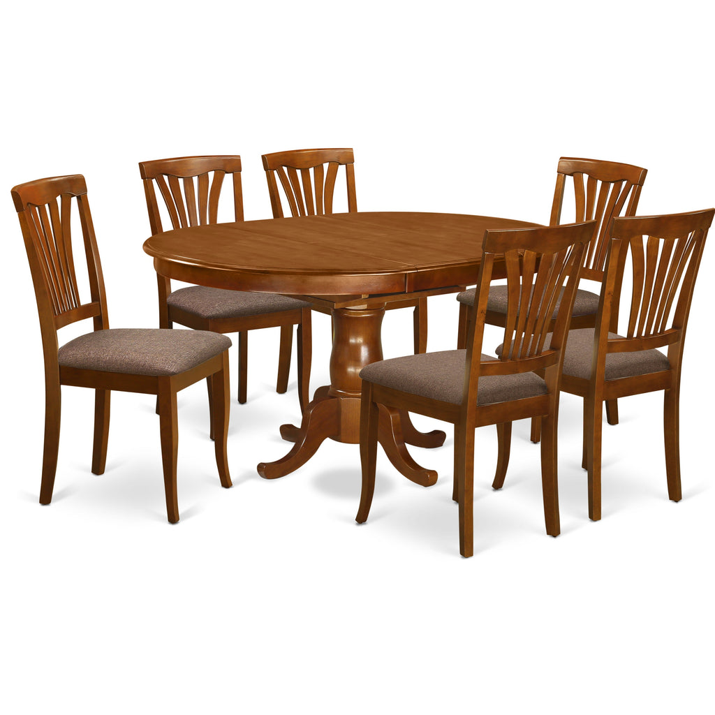 Juego de mesa de comedor moderna de 7 piezas East West Furniture POAV7-SBR-C. Incluye una mesa ovalada de madera con hojas de mariposa y 6 sillas de comedor tapizadas en tela de lino.