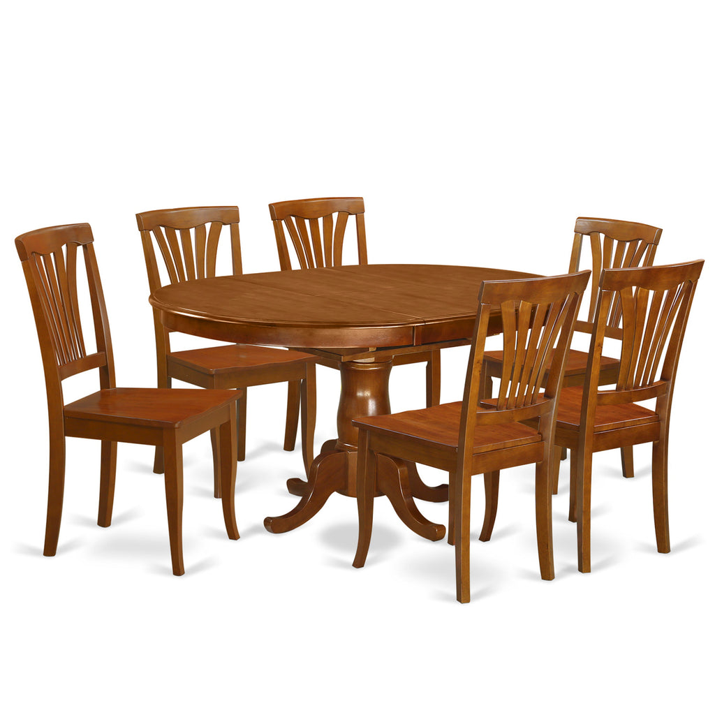 Juego de mesa de comedor de 7 piezas East West Furniture POAV7-SBR-W. Incluye una mesa de comedor ovalada con hojas de mariposa y 6 sillas con asiento de madera.