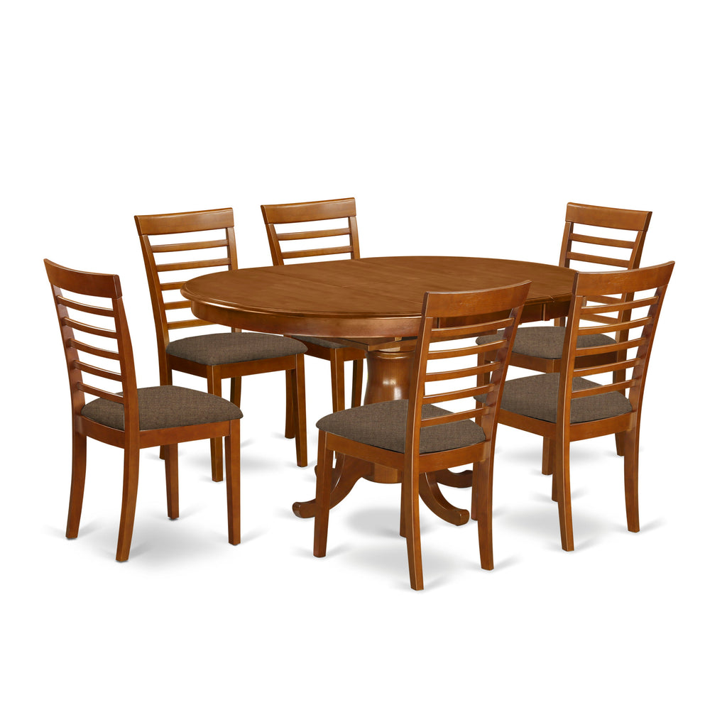 Juego de mesa y sillas de cocina de 7 piezas East West Furniture POML7-SBR-C. Incluye una mesa de comedor ovalada con hojas de mariposa y 6 sillas de comedor de tela de lino.