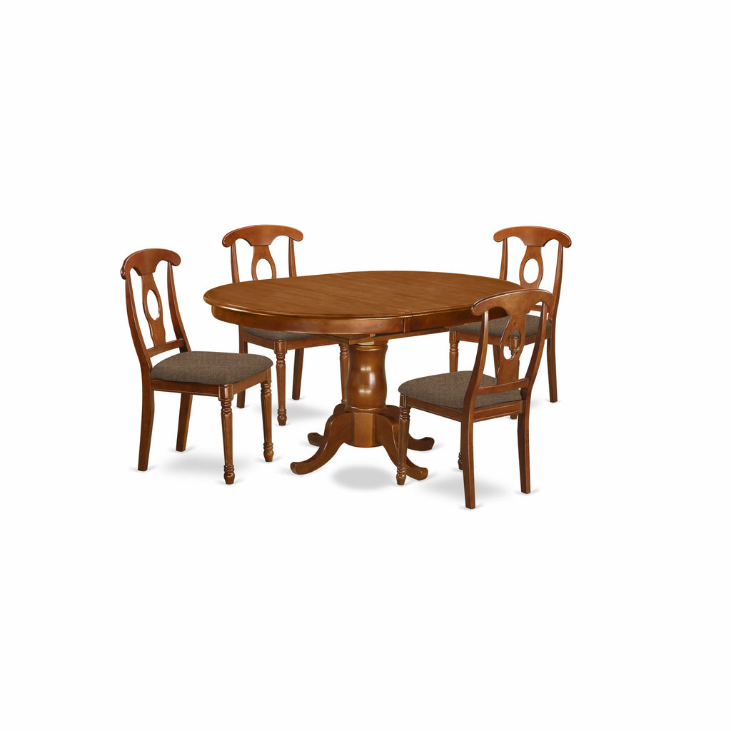 El juego de mesa de comedor moderno de 5 piezas PONA5-SBR-C de East West Furniture incluye una mesa ovalada de madera con hojas de mariposa y 4 sillas de comedor de tela de lino.
