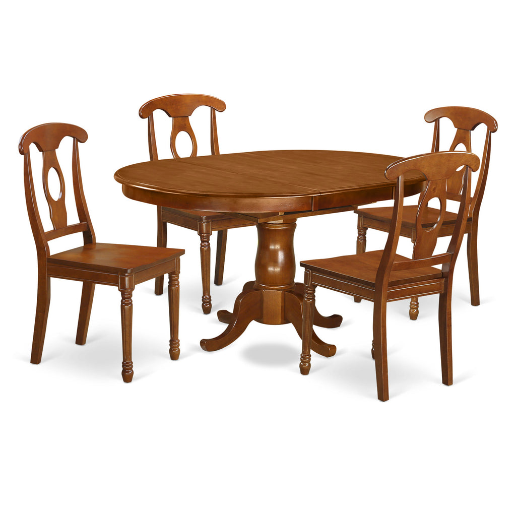 El juego de muebles de comedor de 5 piezas PONA5-SBR-W de East West Furniture incluye una mesa de cocina ovalada con hojas de mariposa y 4 sillas de comedor.
