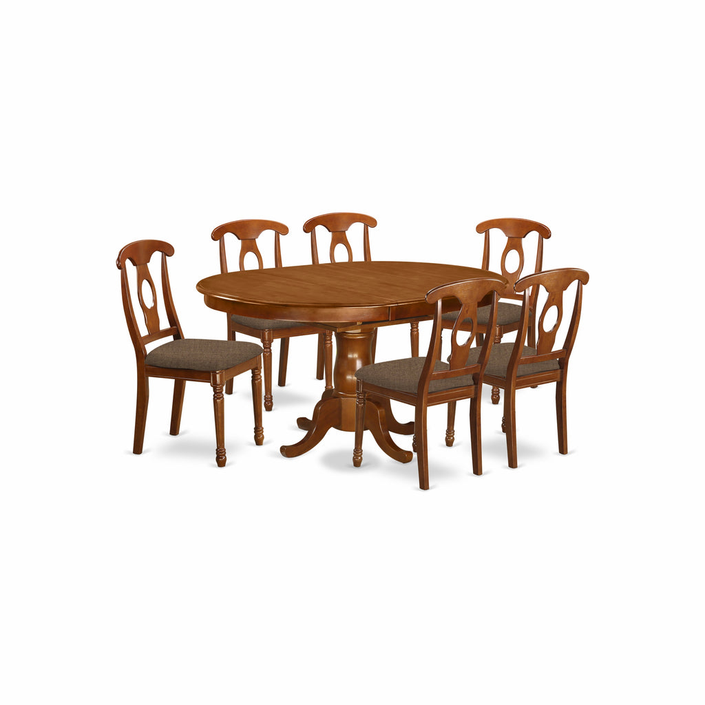 Juego de mesa de comedor moderna de 7 piezas PONA7-SBR-C de East West Furniture. Consta de una mesa ovalada de madera con hojas de mariposa y 6 sillas de comedor de tela de lino.