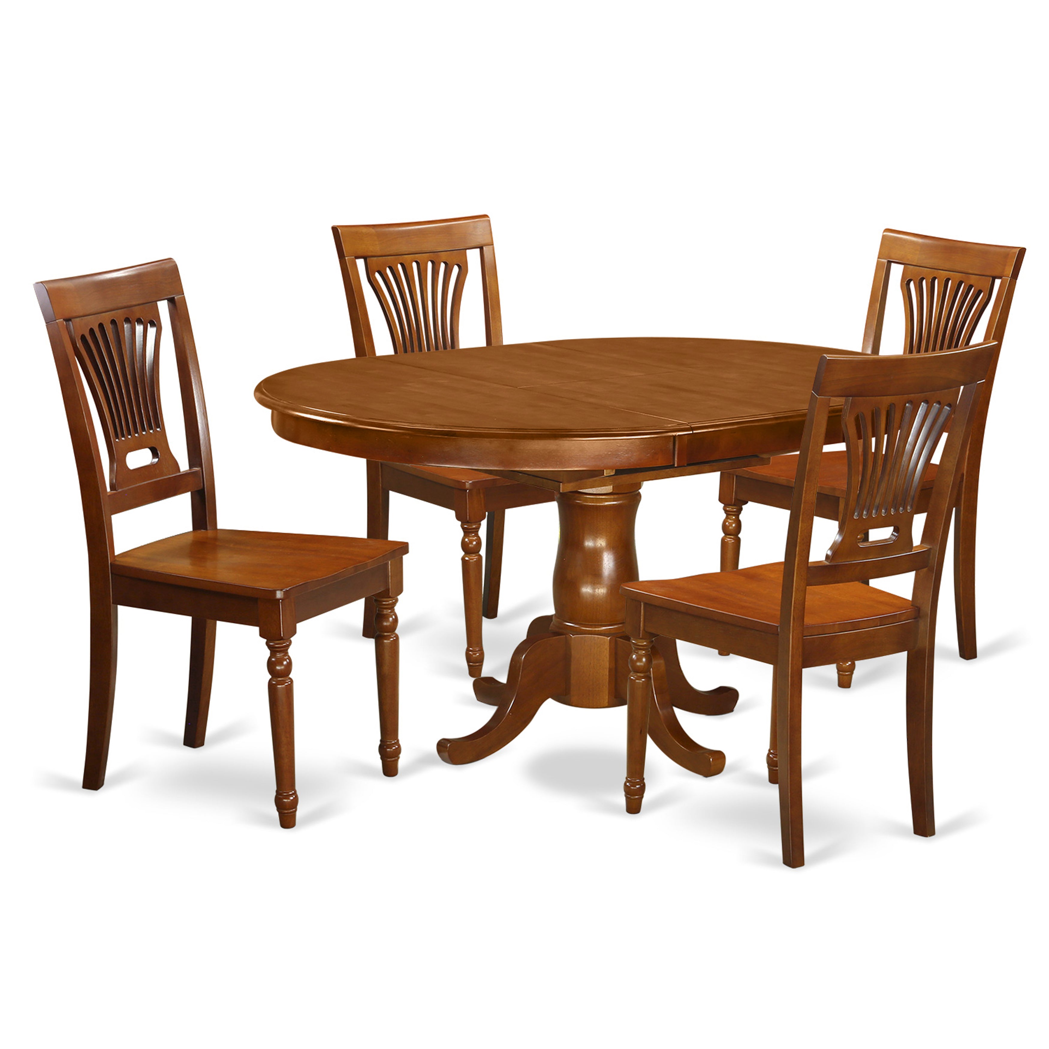 POPL5-SBR-W 5 Pc Portland Table having 18" Leaf and 4 hard wood Seat Chairs in Saddle Brown .