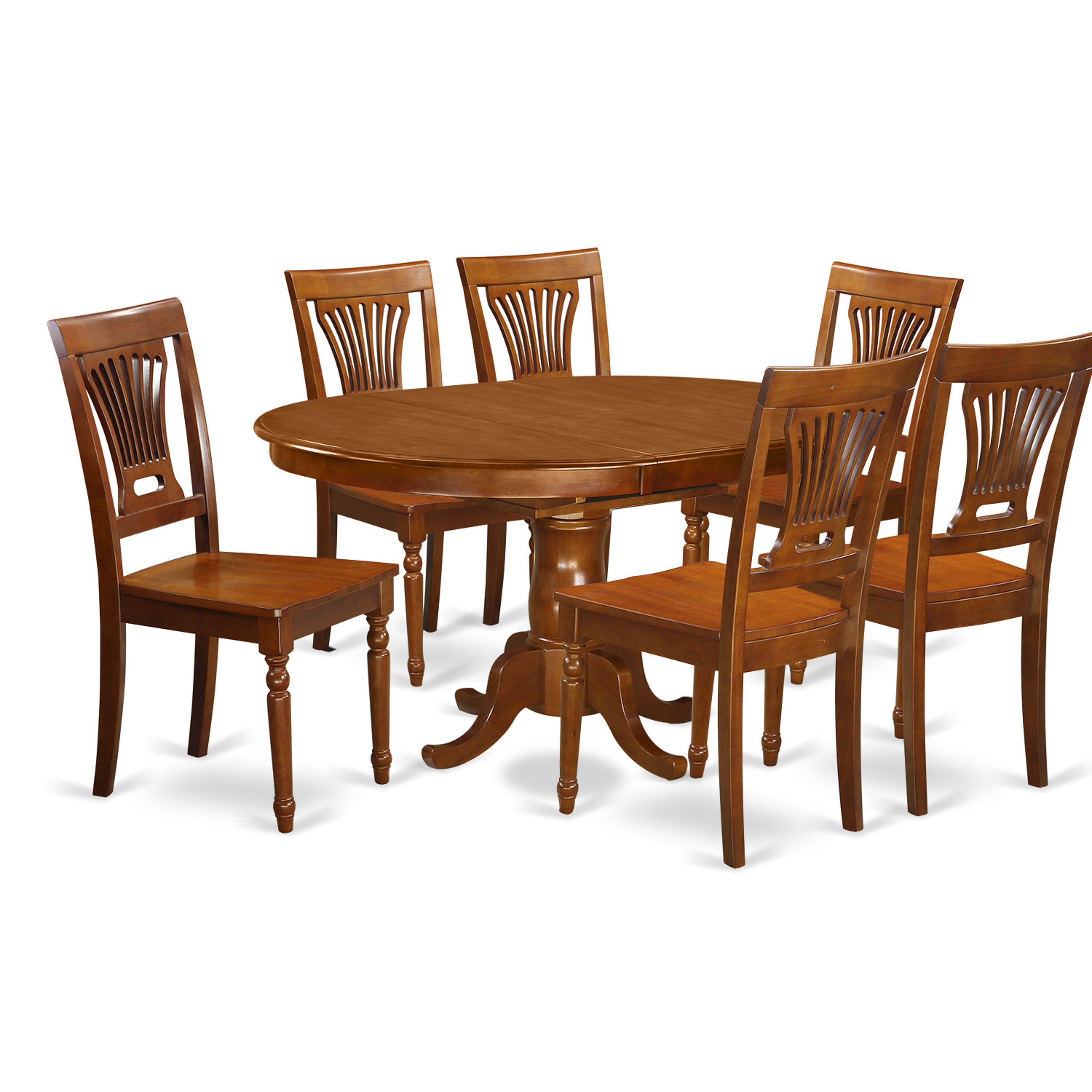 POPL7-SBR-W 7 PcPortland Table with 18" Leaf and 6 Wood Chairs in Saddle Brown .