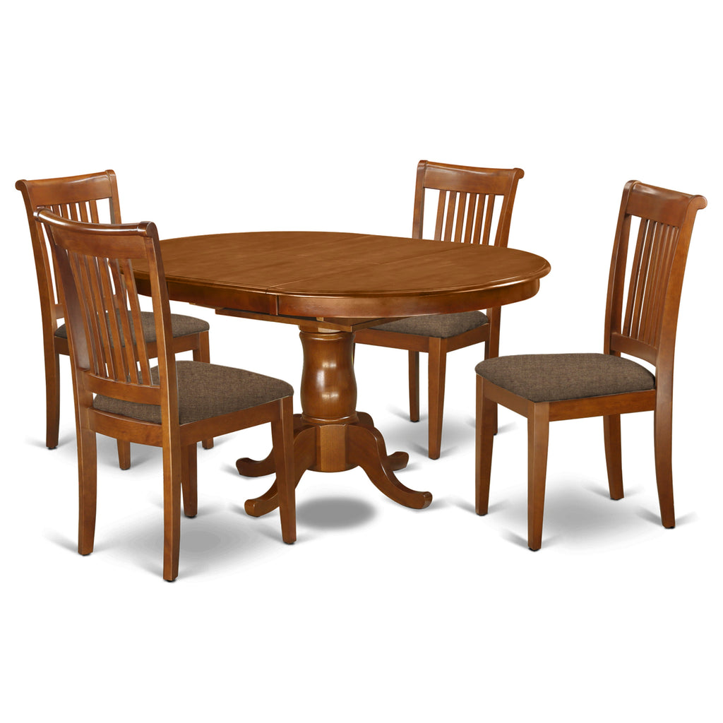 El juego de muebles de comedor de 5 piezas PORT5-SBR-C de East West Furniture incluye una mesa ovalada de madera con hojas de mariposa y 4 sillas de comedor de cocina de tela de lino.