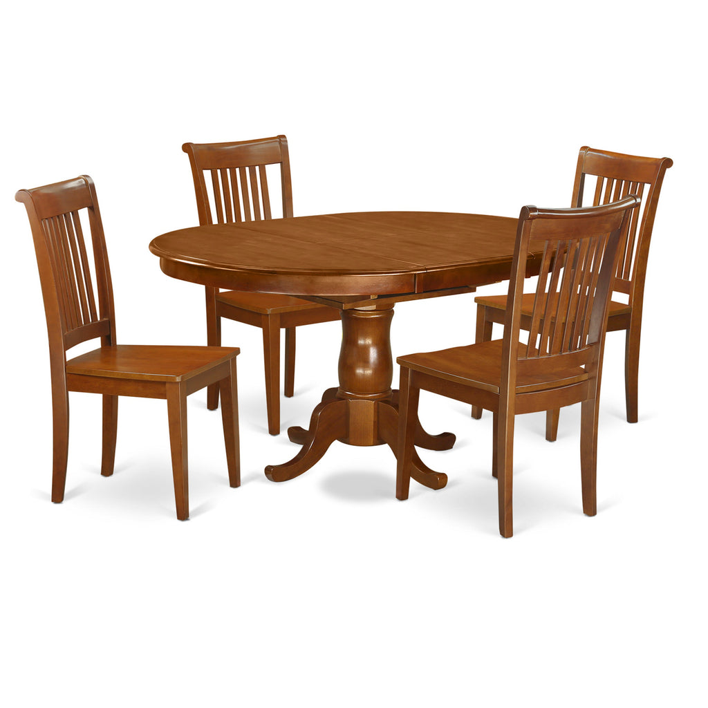 Juego de comedor de 5 piezas East West Furniture PORT5-SBR-W para 4 personas. Incluye una mesa de comedor ovalada con hojas de mariposa y 4 sillas de comedor.