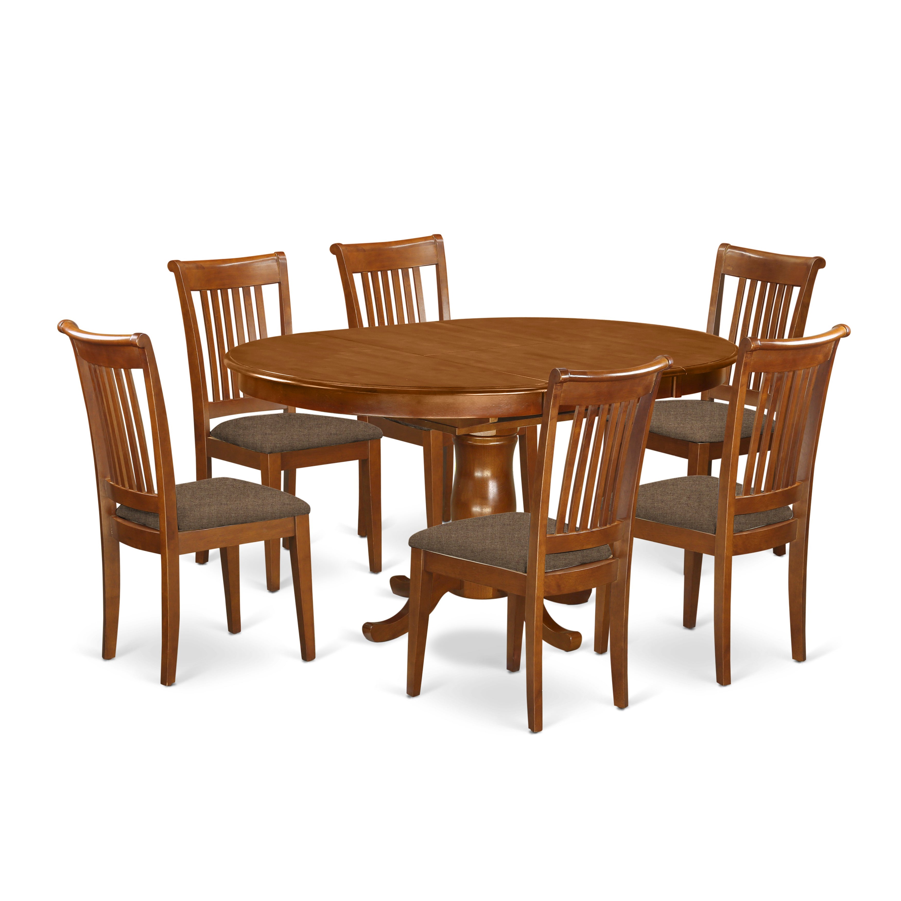 Juego de mesa de comedor de 7 piezas PORT7-SBR-C de East West Furniture. Consta de una mesa de comedor ovalada con hojas de mariposa y 6 sillas tapizadas en tela de lino.