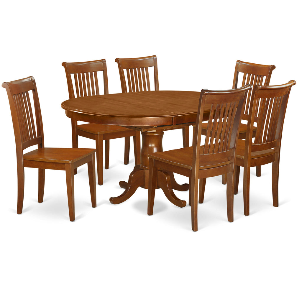 Juego de mesa de comedor de 7 piezas PORT7-SBR-W de East West Furniture. Incluye una mesa de cocina ovalada con hojas de mariposa y 6 sillas de comedor.