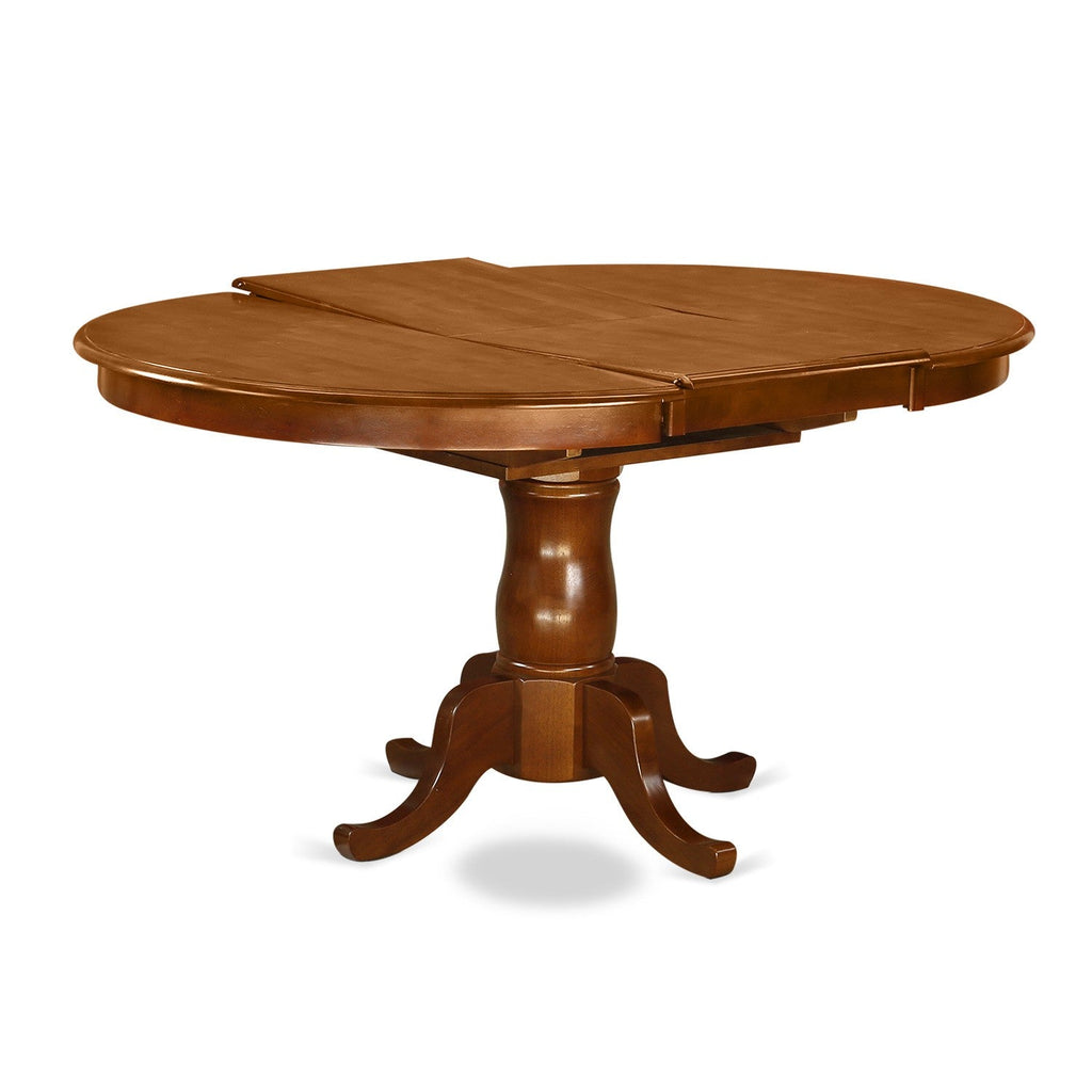 Juego de mesa de comedor de 7 piezas East West Furniture POAV7-SBR-W. Incluye una mesa de comedor ovalada con hojas de mariposa y 6 sillas con asiento de madera.