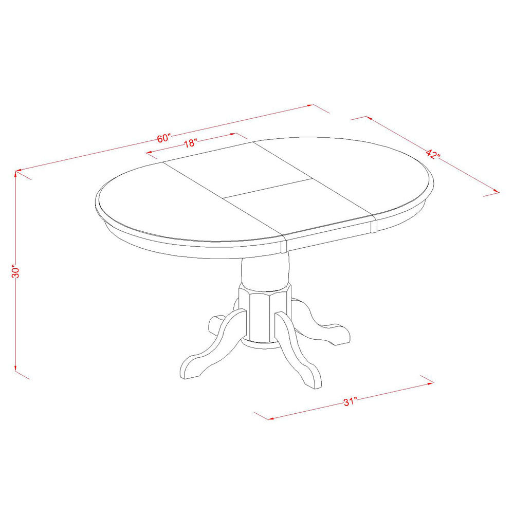 Juego de mesa de comedor de 7 piezas East West Furniture POAV7-SBR-W. Incluye una mesa de comedor ovalada con hojas de mariposa y 6 sillas con asiento de madera.