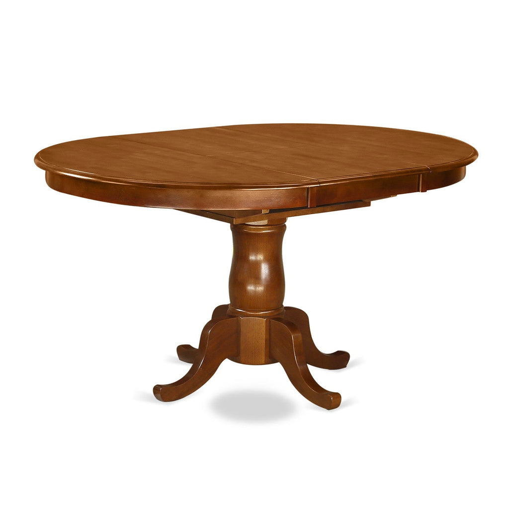 Juego de mesa de comedor de 7 piezas East West Furniture POAV7-SBR-W. Incluye una mesa de comedor ovalada con hojas de mariposa y 6 sillas con asiento de madera.