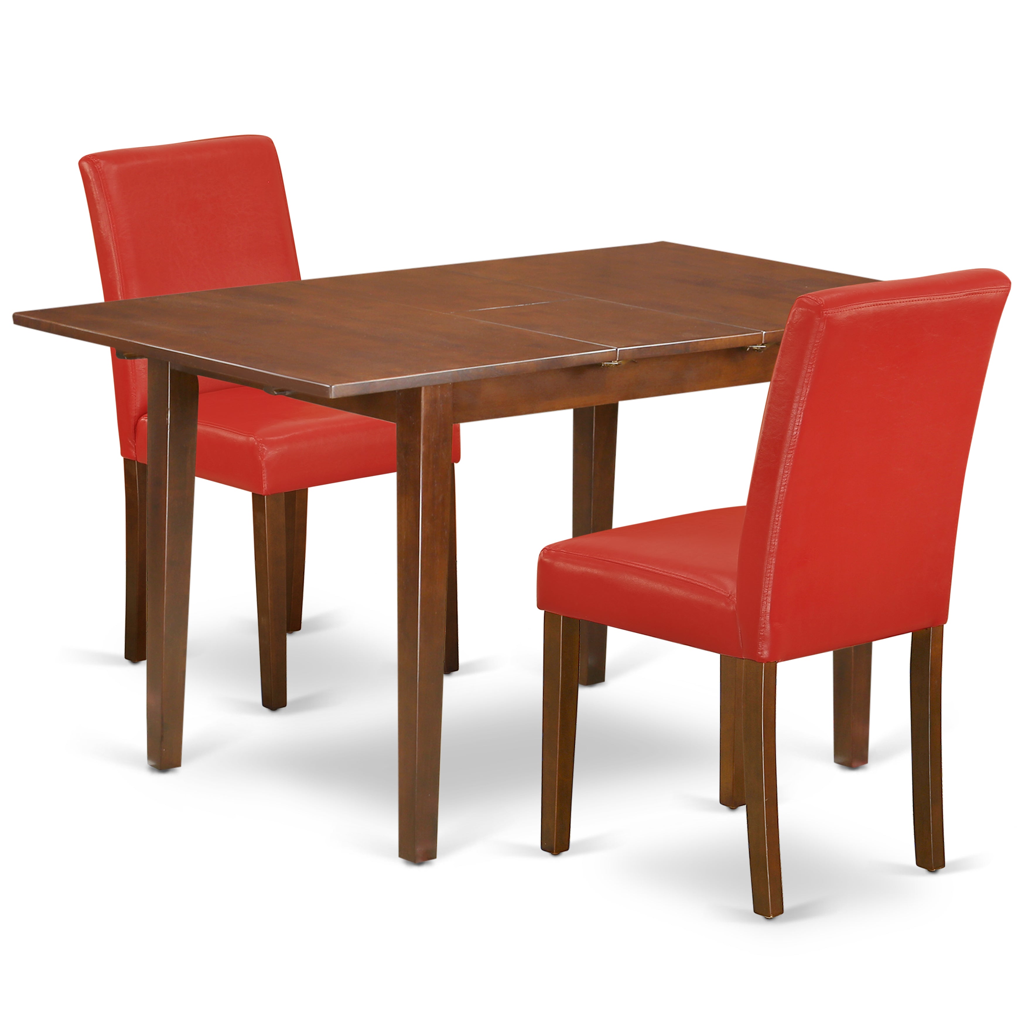 PSAB3-MAH-72 3Pc Rectangle 48/60 Inch Kitchen Table With 12 In Leaf And A Pair Of Parson Chair With Mahogany Leg And Pu Leather Color Firebrick Red