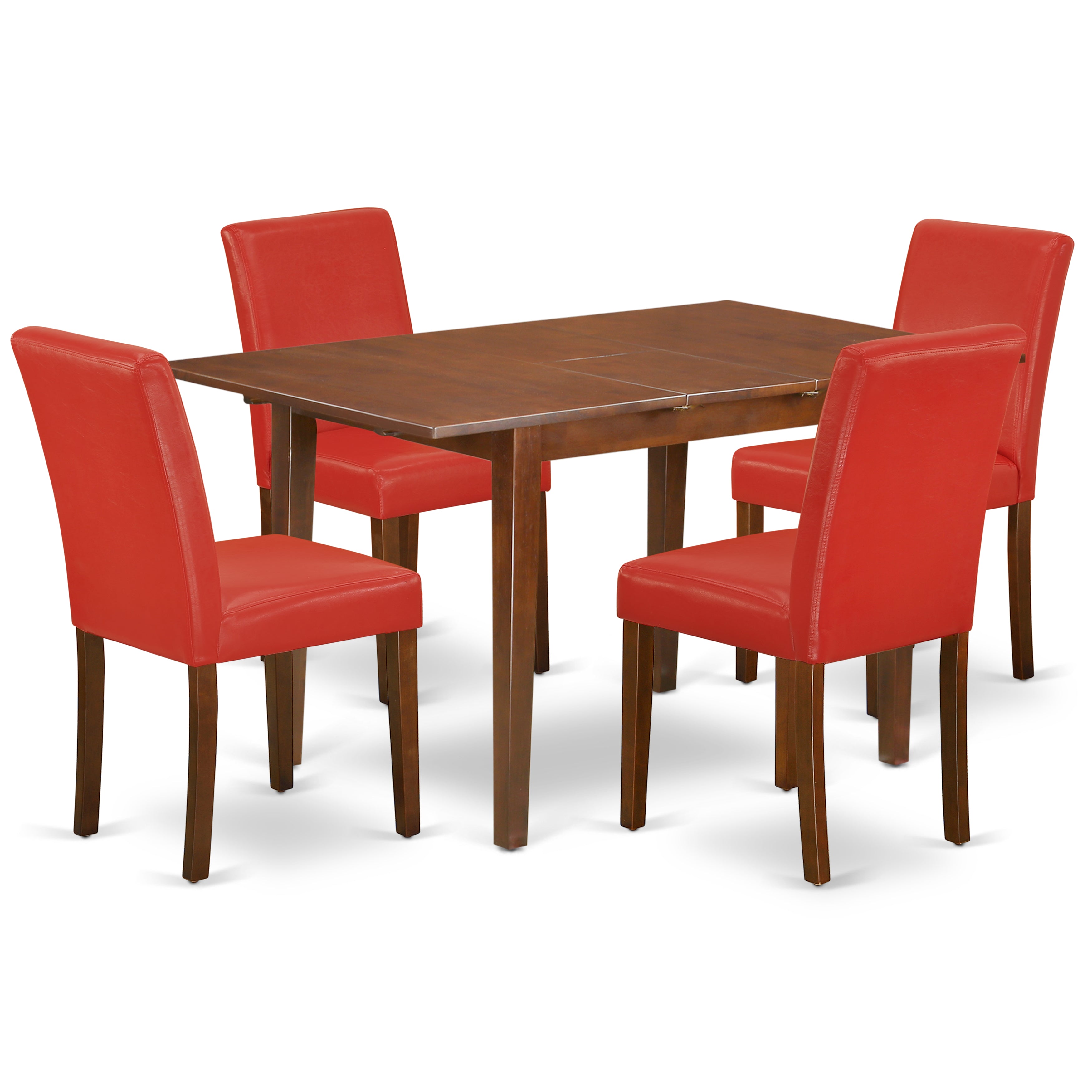 El juego de mesa de comedor de 5 piezas East West Furniture PSAB5-MAH-72 incluye una mesa rectangular de madera con diseño de hojas de mariposa y 4 sillas tapizadas en piel sintética de color rojo ladrillo refractario.
