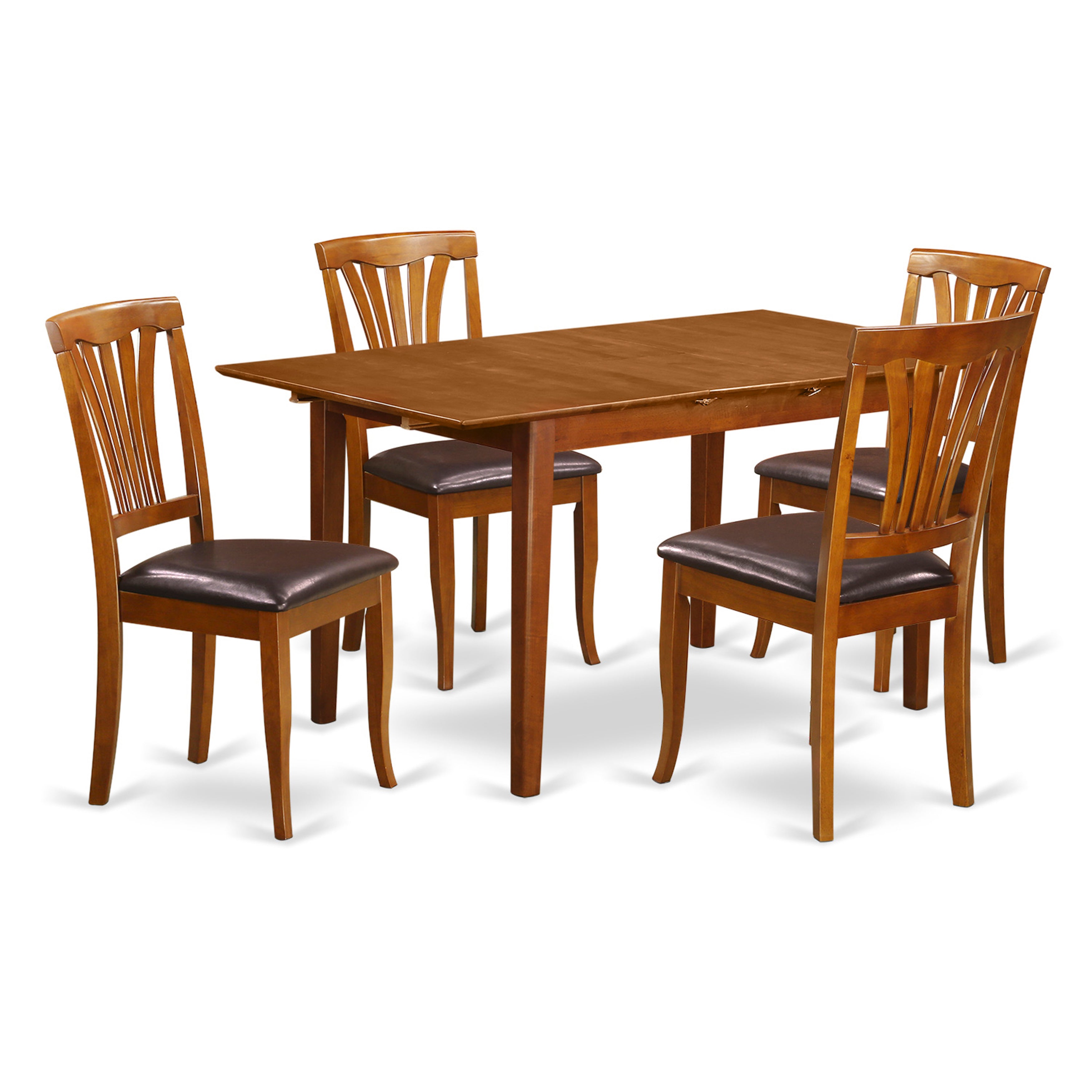 Juego de mesa de cocina de 5 piezas East West Furniture PSAV5-SBR-LC para 4 personas. Incluye una mesa de comedor rectangular con diseño de hojas de mariposa y 4 sillas de comedor de piel sintética.