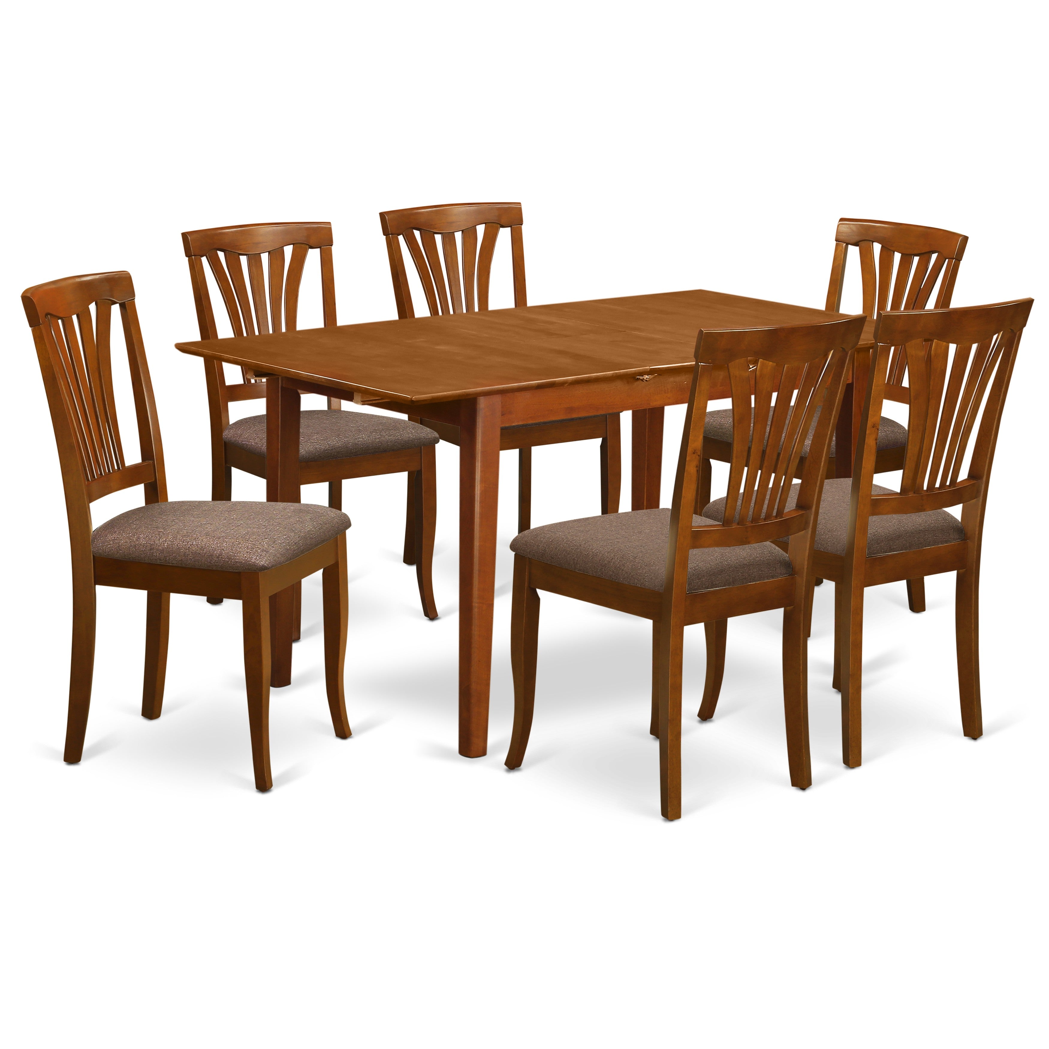 Juego de mesa de comedor moderno East West Furniture PSAV7-SBR-C de 7 piezas compuesto por una mesa rectangular de madera con hojas de mariposa y 6 sillas tapizadas en tela de lino.