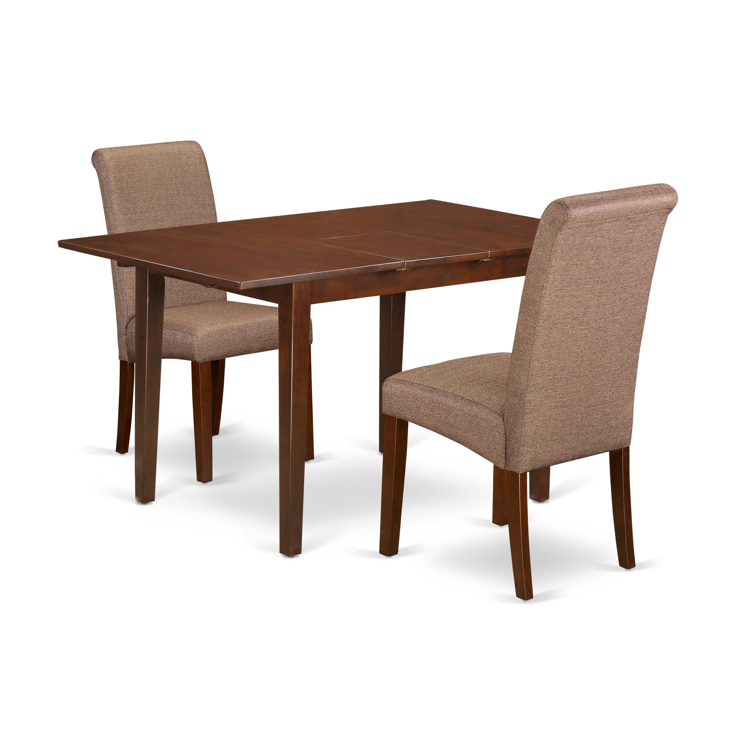 Juego de mesa y sillas de cocina de 3 piezas East West Furniture PSBA3-MAH-18. Incluye una mesa de comedor rectangular con hojas de mariposa y dos sillas Parson de tela de lino marrón.