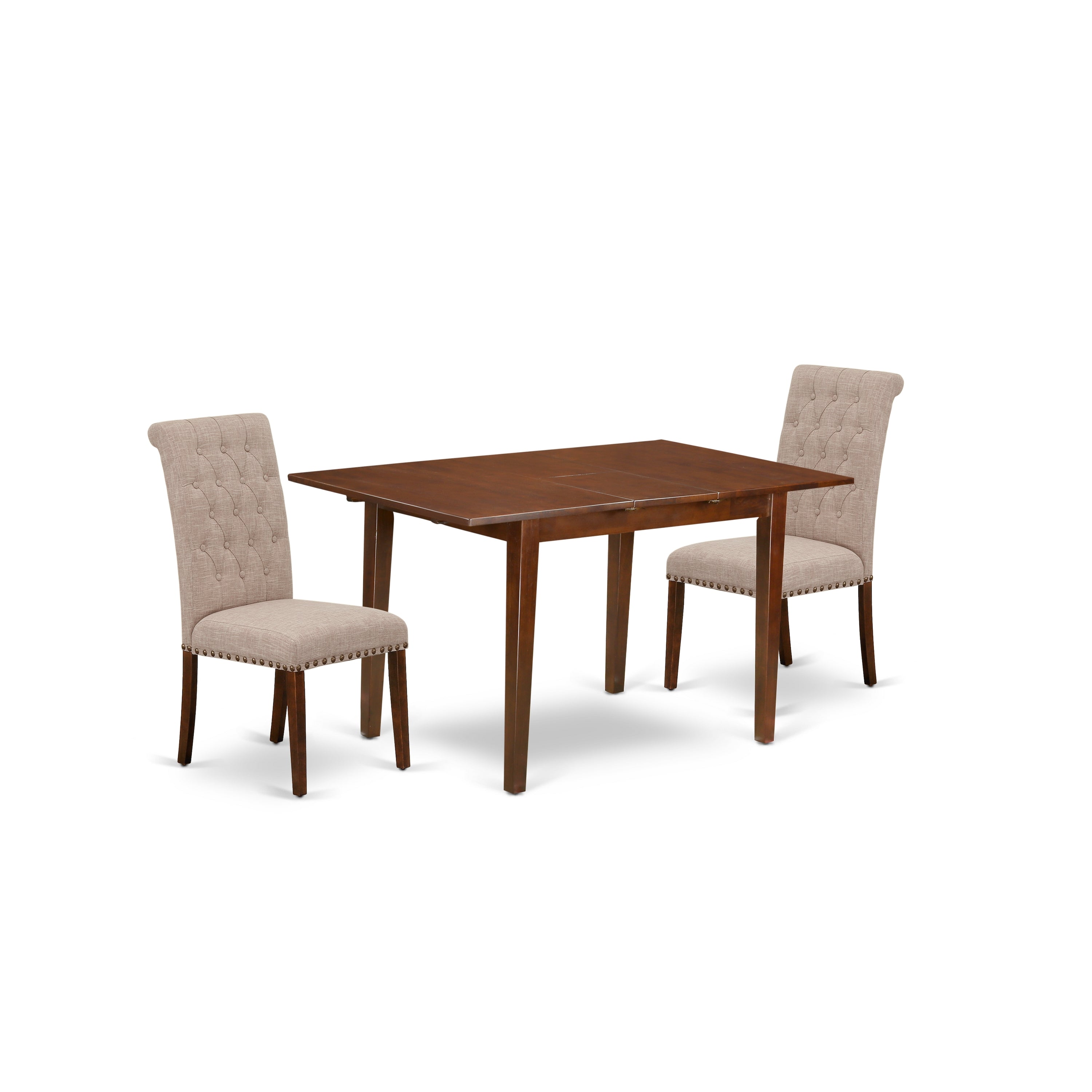 Juego de mesa y sillas de cocina de 3 piezas East West Furniture PSBR3-MAH-04. Incluye una mesa de comedor rectangular con hojas de mariposa y 2 sillas Parson de tela de lino color tostado claro.