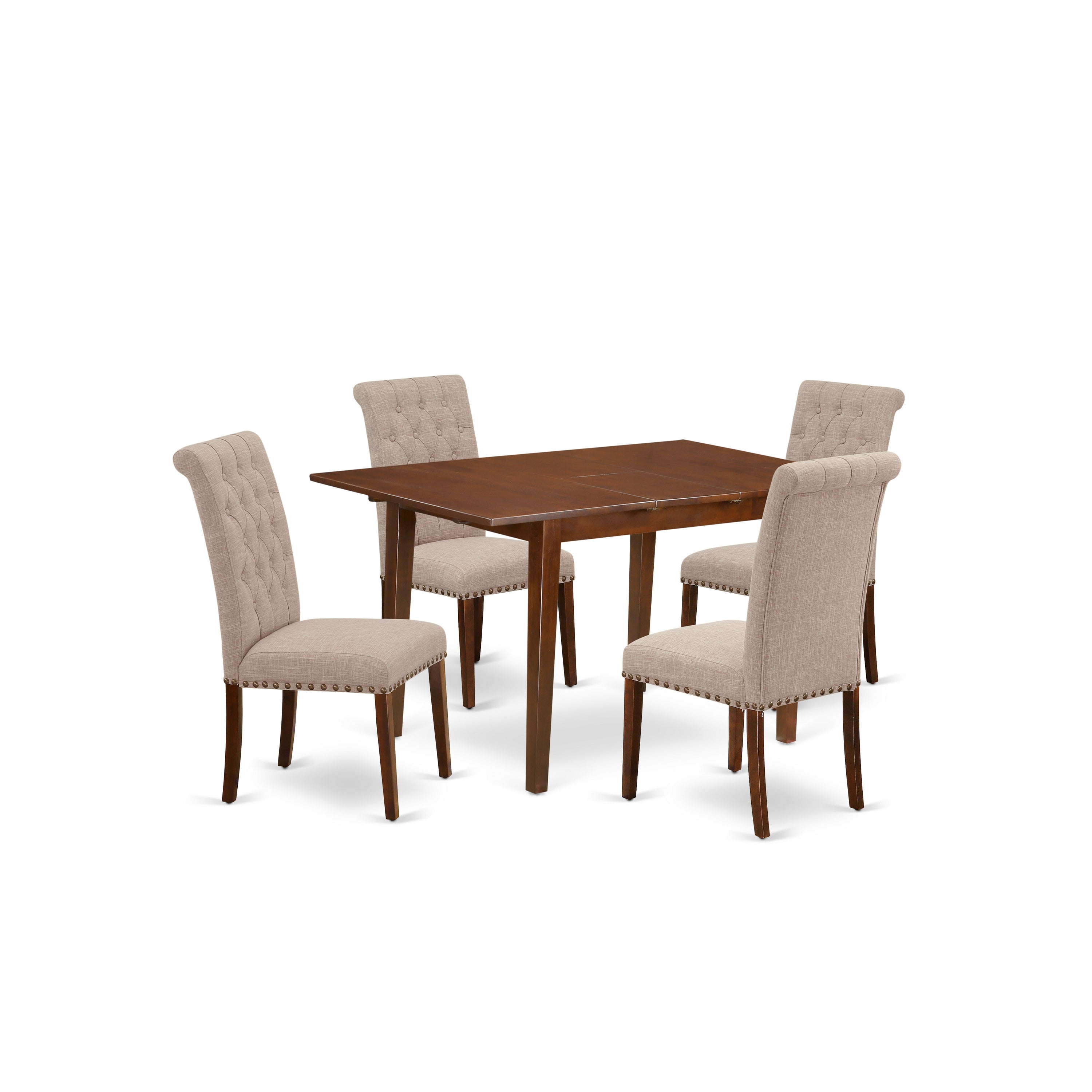 East West Furniture PSBR5-MAH-04 Juego de mesa de cocina de 5 piezas para 4 personas. Incluye una mesa de comedor rectangular con hojas de mariposa y 4 sillas tapizadas en tela de lino color tostado claro.