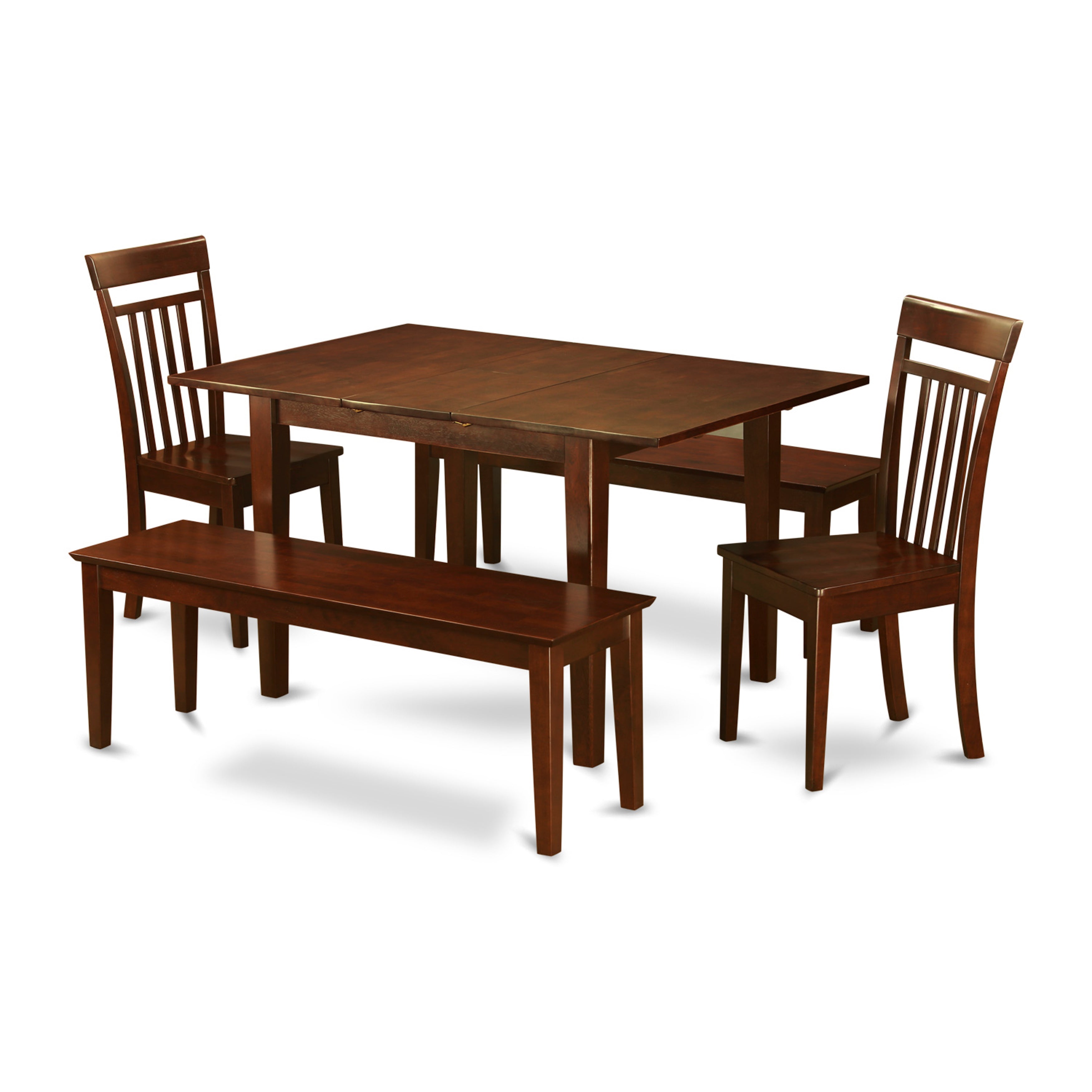 Juego de comedor de 5 piezas East West Furniture PSCA5C-MAH-W. Incluye una mesa de comedor rectangular con diseño de hojas de mariposa y 2 sillas de cocina con 2 bancos.
