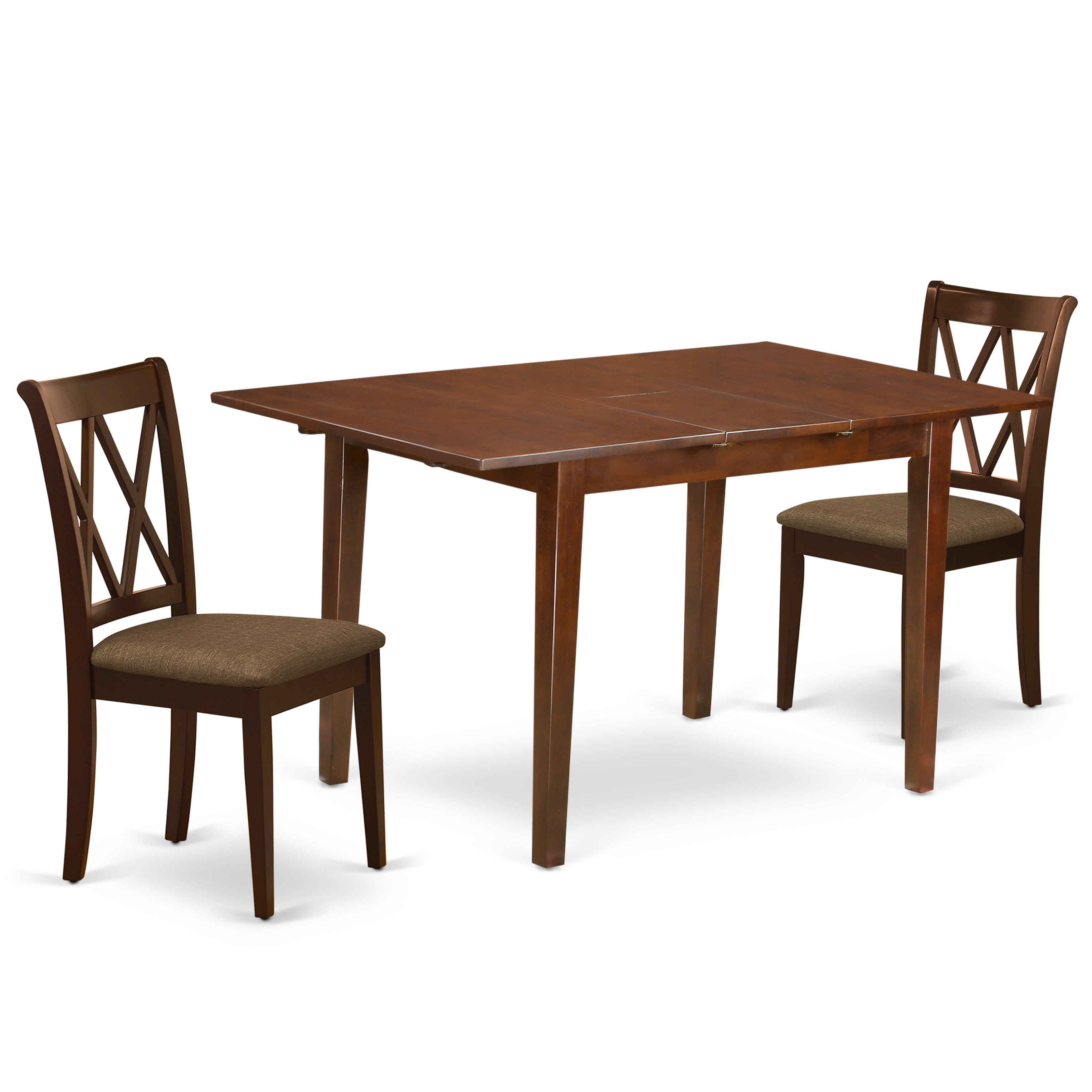 PSCL3-MAH-C 3Pc Dinette Set Includes a Rectangular Kitchen Table with Butterfly Leaf and Two Double X Back Linen seat Dining Chairs, Mahogany Finish