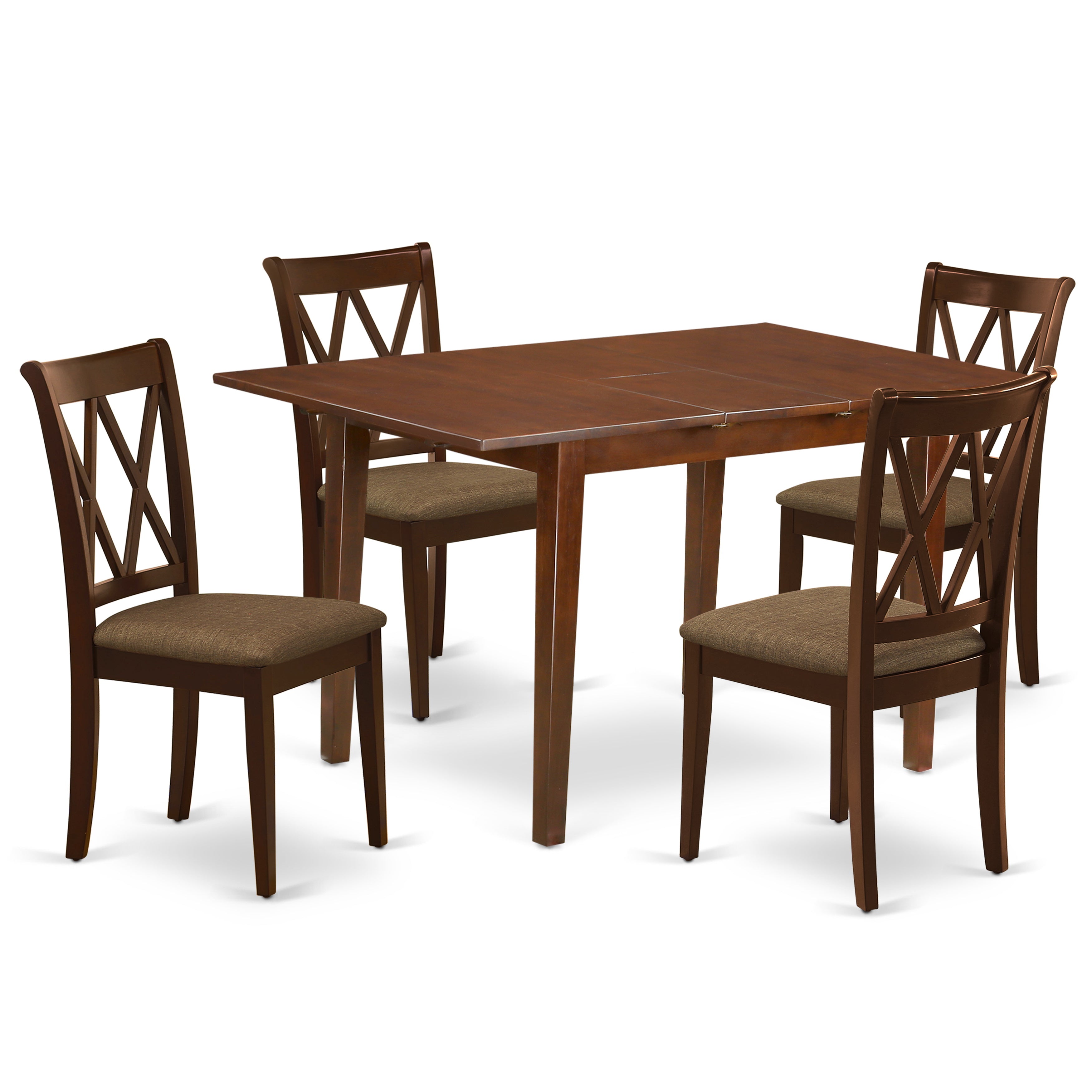 El juego de mesa de comedor moderno East West Furniture PSCL5-MAH-C de 5 piezas incluye una mesa rectangular de madera con diseño de hojas de mariposa y 4 sillas de comedor de cocina de tela de lino.