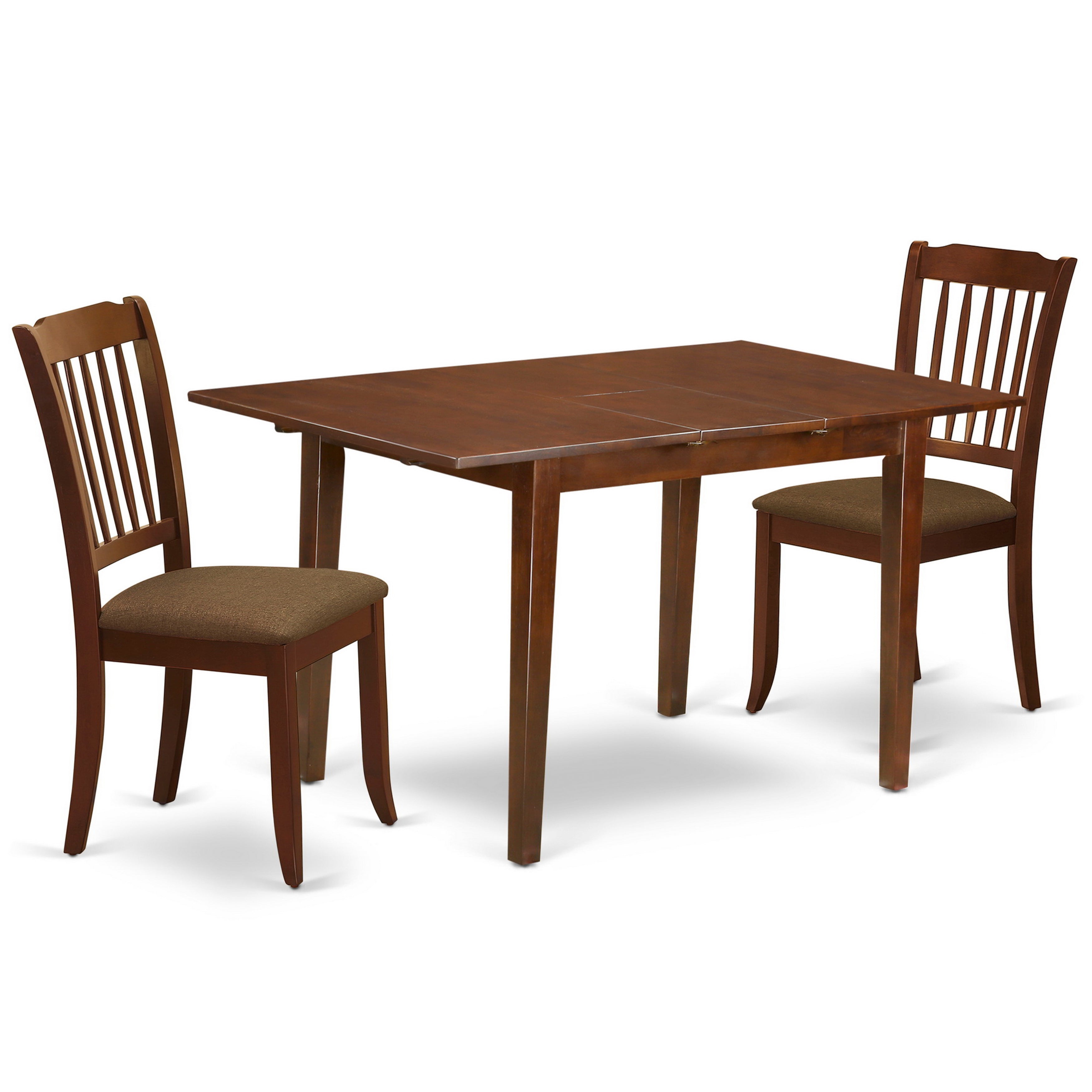 Juego de mesa de cocina de 3 piezas East West Furniture PSDA3-MAH-C. Incluye una mesa de comedor rectangular con hojas de mariposa y 2 sillas tapizadas en tela de lino.