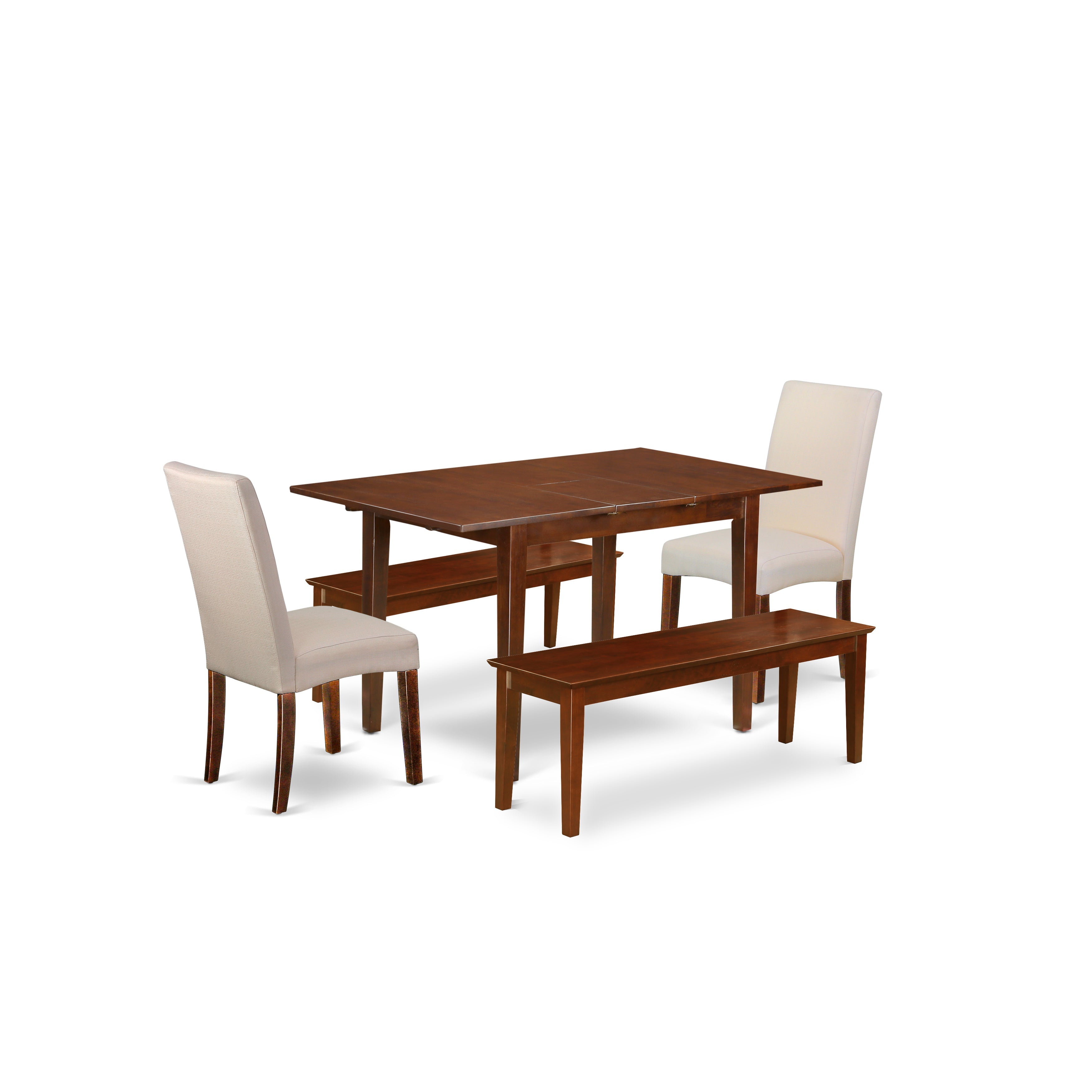 El juego de mesa de cocina de 5 piezas East West Furniture PSDR5C-MAH-01 incluye una mesa rectangular con diseño de hojas de mariposa y dos sillas Parson de tela de lino color crema con dos bancos.