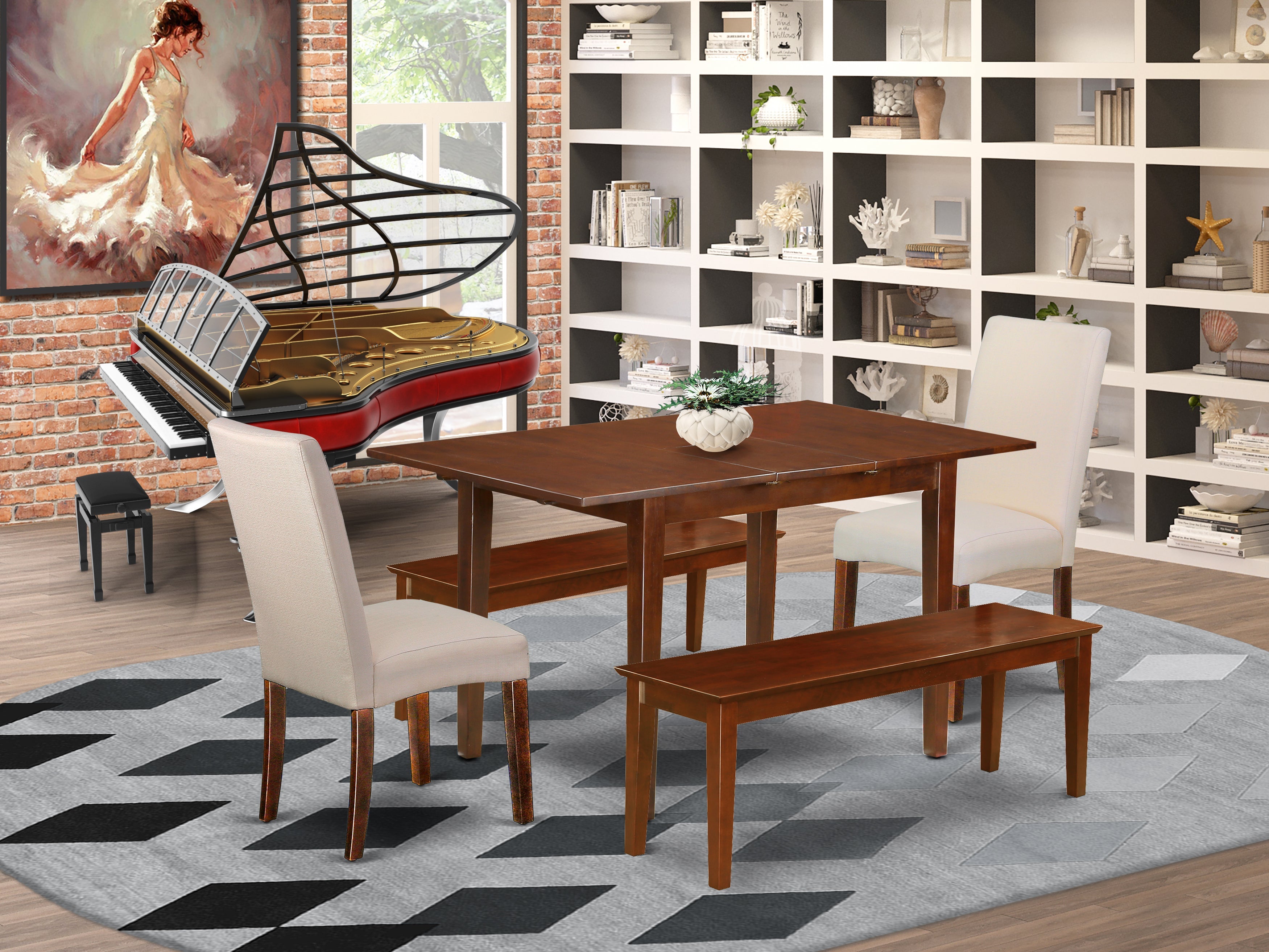El juego de mesa de cocina de 5 piezas East West Furniture PSDR5C-MAH-01 incluye una mesa rectangular con diseño de hojas de mariposa y dos sillas Parson de tela de lino color crema con dos bancos.