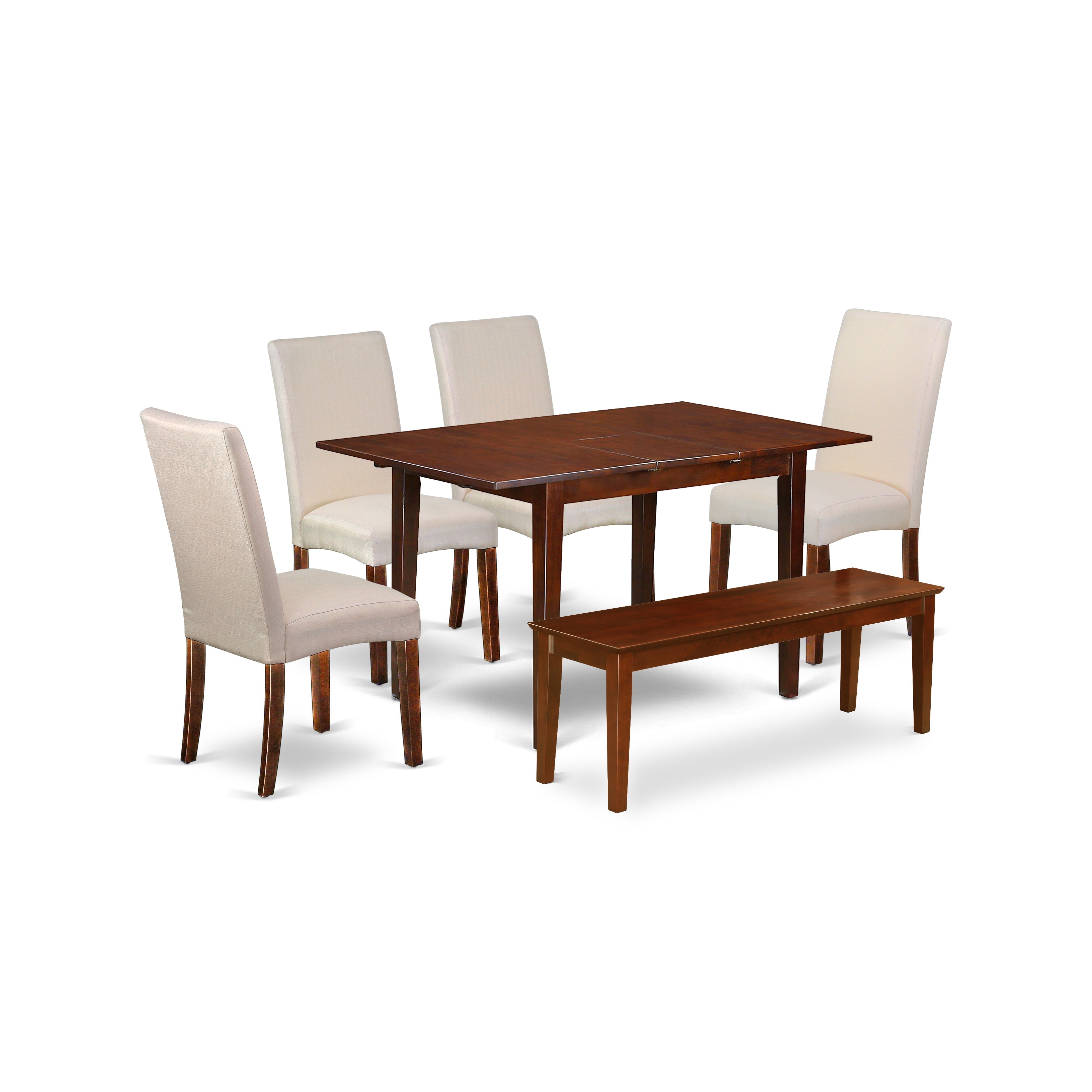 PSDR6C-MAH-01 7Pc Rectangle 48/60" Dining Table And 4 Parson Chair With Mahogany Finish Leg And Linen Fabric- Cream Color Plus 1 Bench