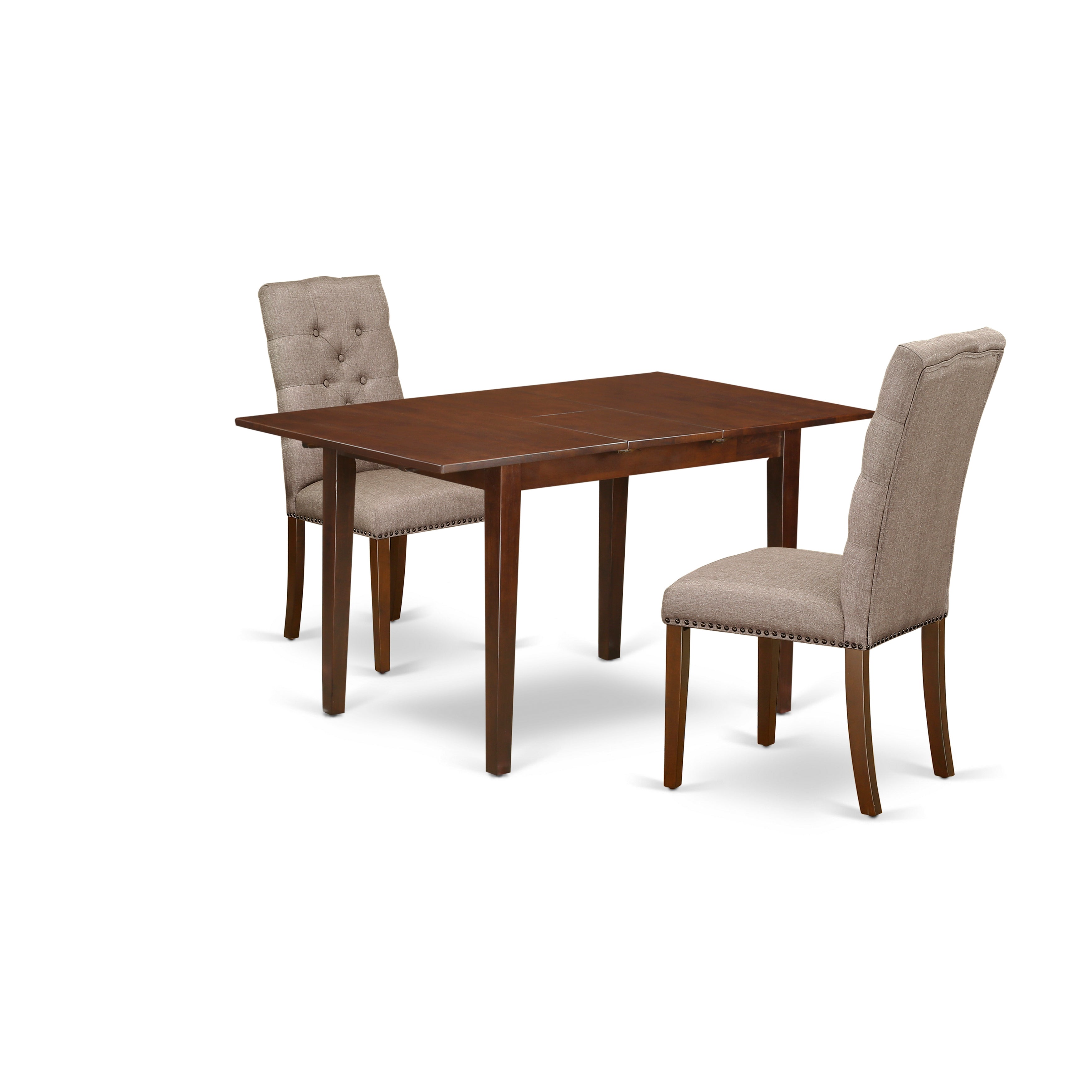 Juego de mesa de comedor de 3 piezas East West Furniture PSEL3-MAH-16. Incluye una mesa de comedor rectangular con diseño de hojas de mariposa y dos sillas Parsons de tela de lino color caqui oscuro.