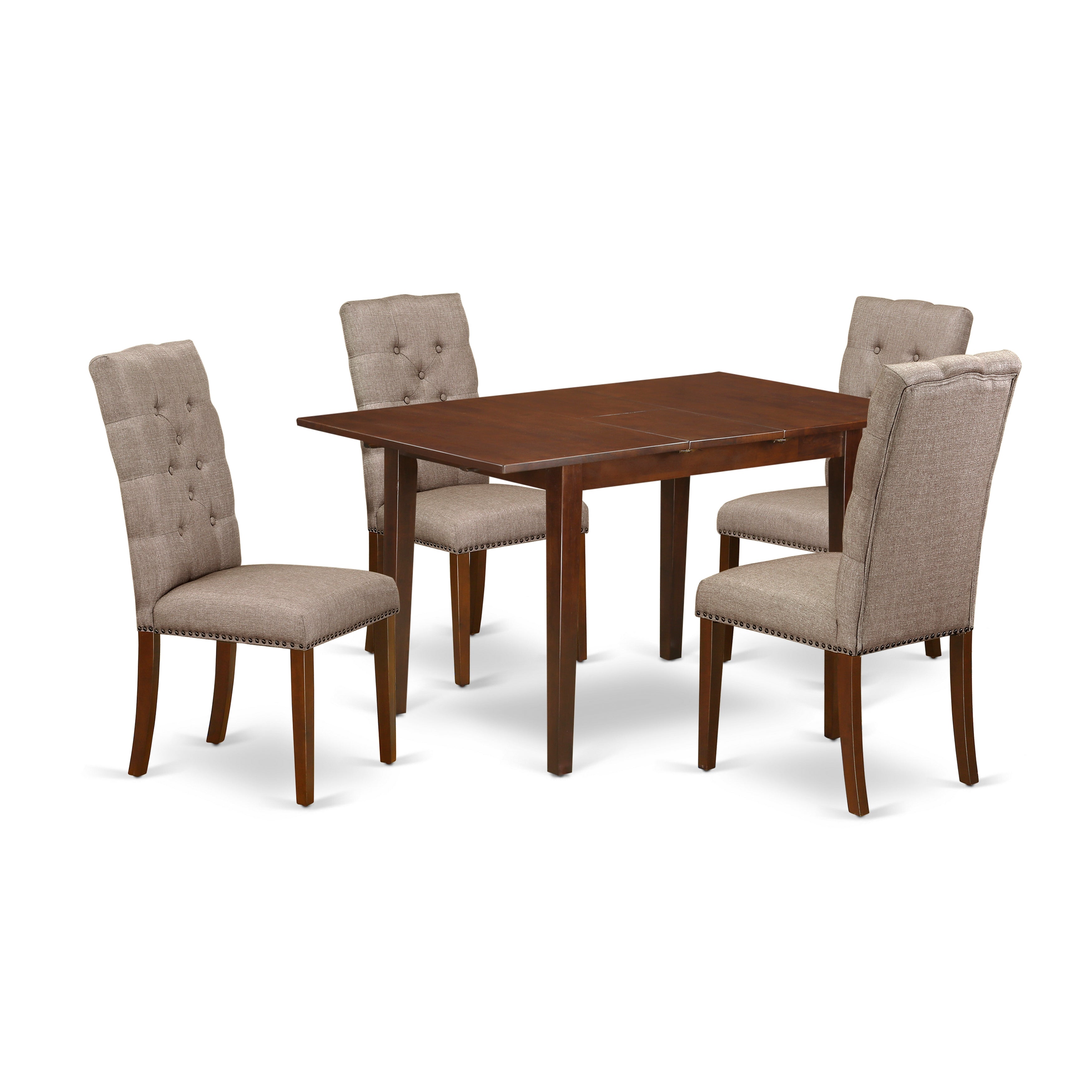 El juego de comedor de 5 piezas East West Furniture PSEL5-MAH-16 incluye una mesa de comedor rectangular con hojas de mariposa y 4 sillas tapizadas en tela de lino color caqui oscuro.