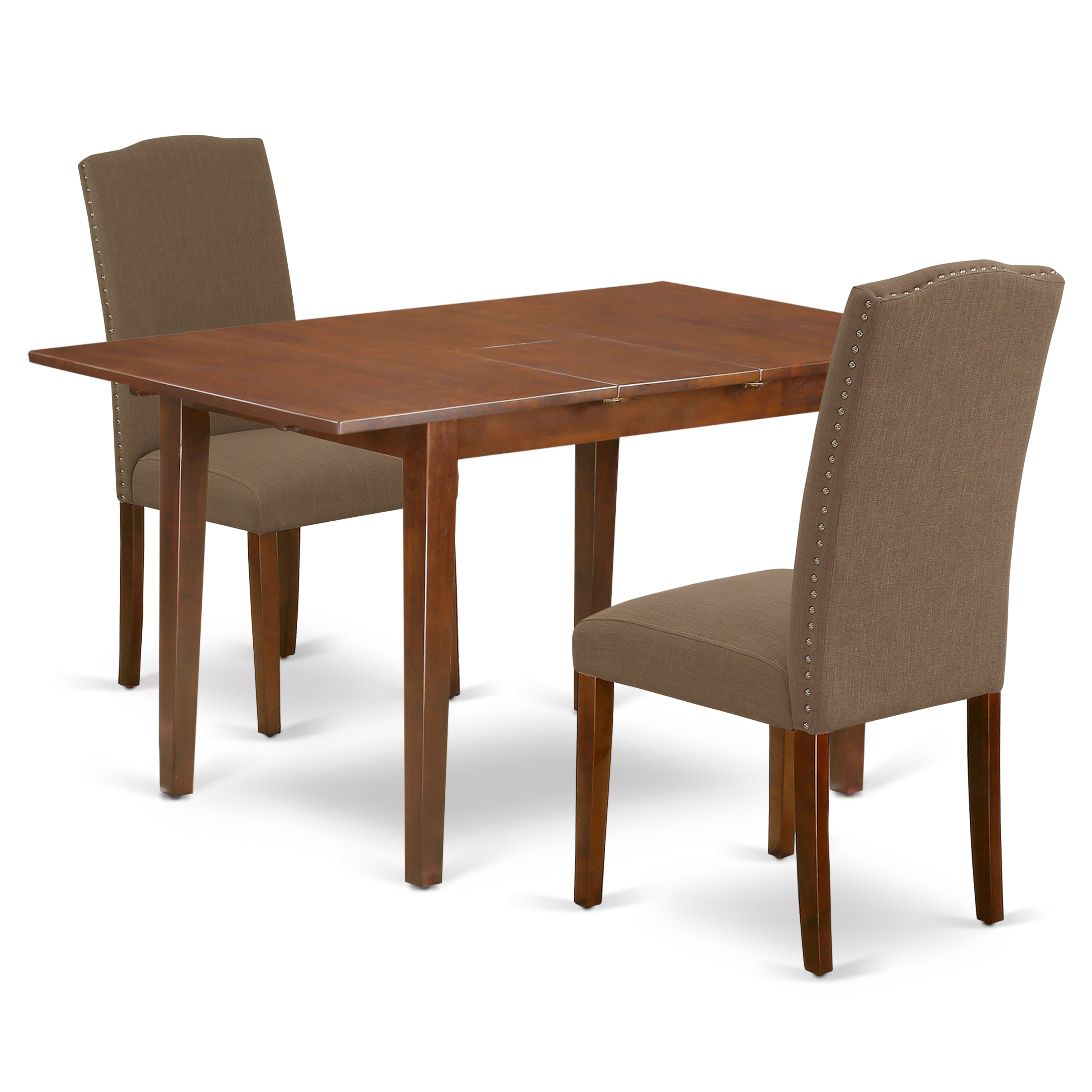 PSEN3-MAH-18 3Pc Rectangular 48/60" Dinette Table With 12 In Self Storing Butterfly Leaf And 2 Parson Chair With Mahogany Leg And Linen Fabric Dark Coffee