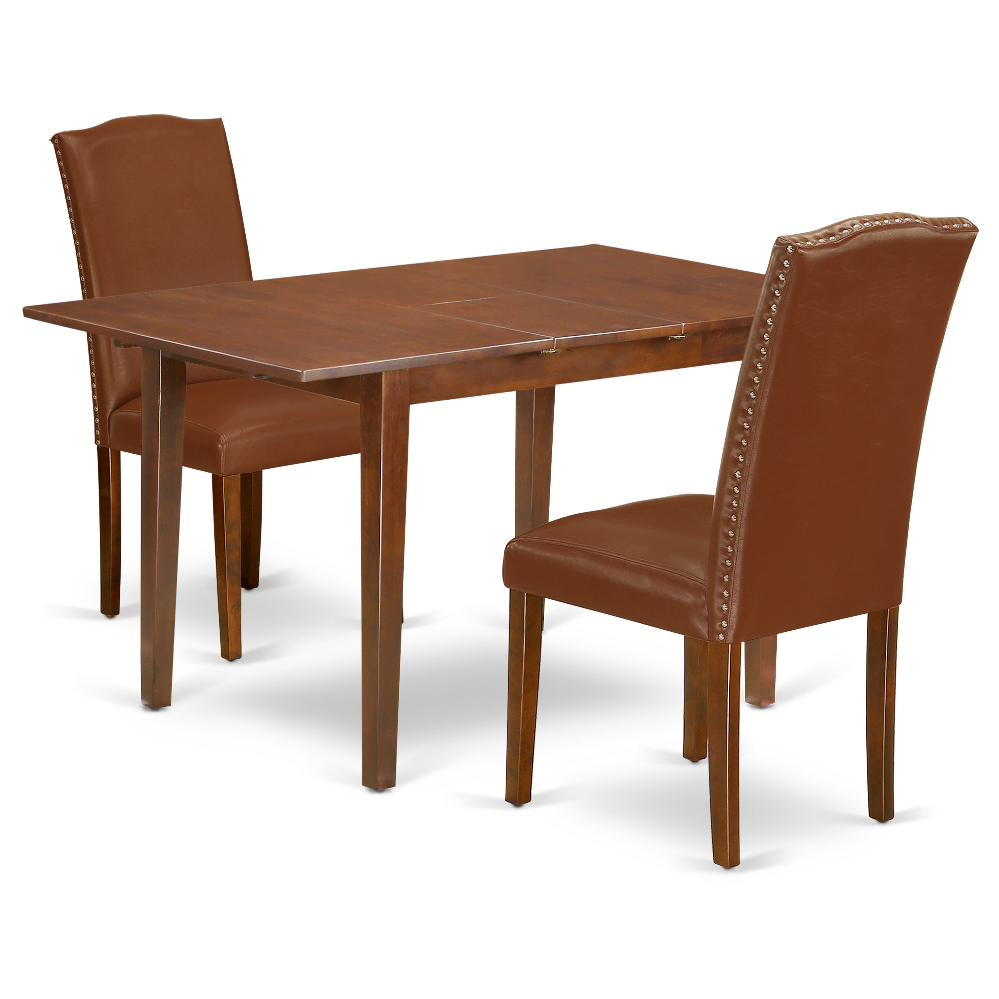Juego de comedor pequeño de 3 piezas East West Furniture PSEN3-MAH-66. Incluye una mesa de comedor rectangular con hojas de mariposa y 2 sillas tapizadas en piel sintética marrón.