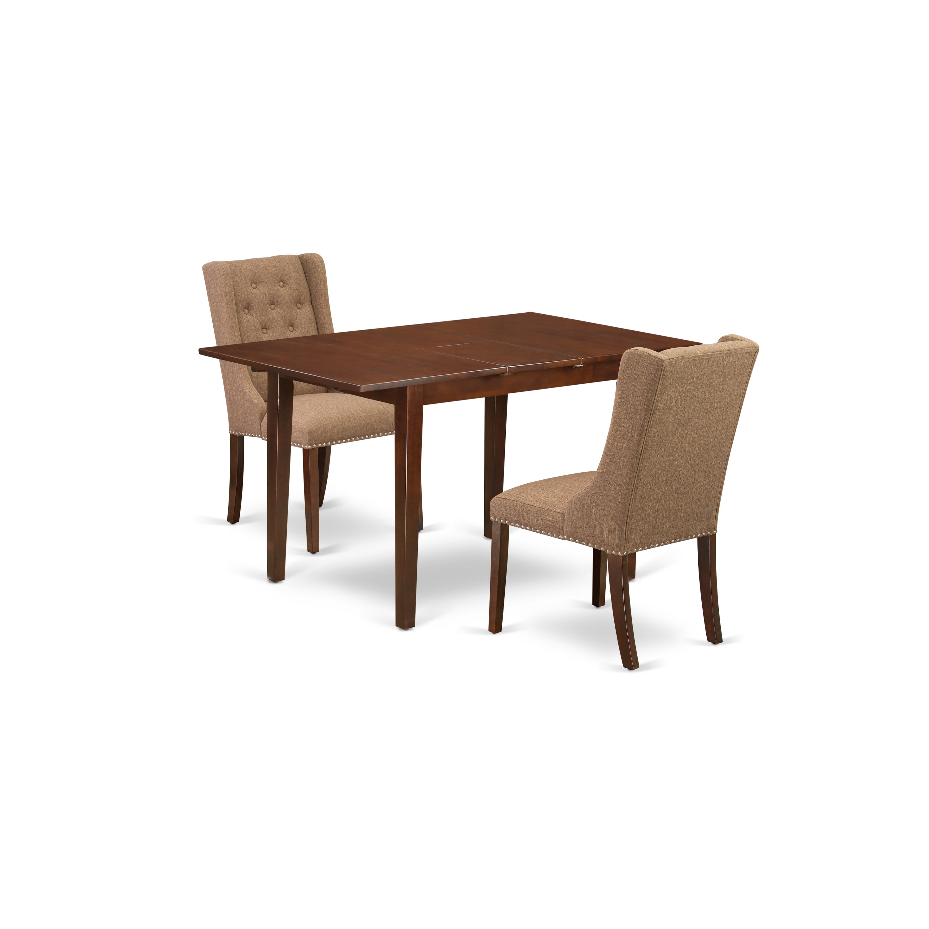 Juego de mesa de comedor de 3 piezas East West Furniture PSFO3-MAH-47. Incluye una mesa de cocina rectangular con diseño de hojas de mariposa y dos sillas Parsons de tela de lino color sable claro.