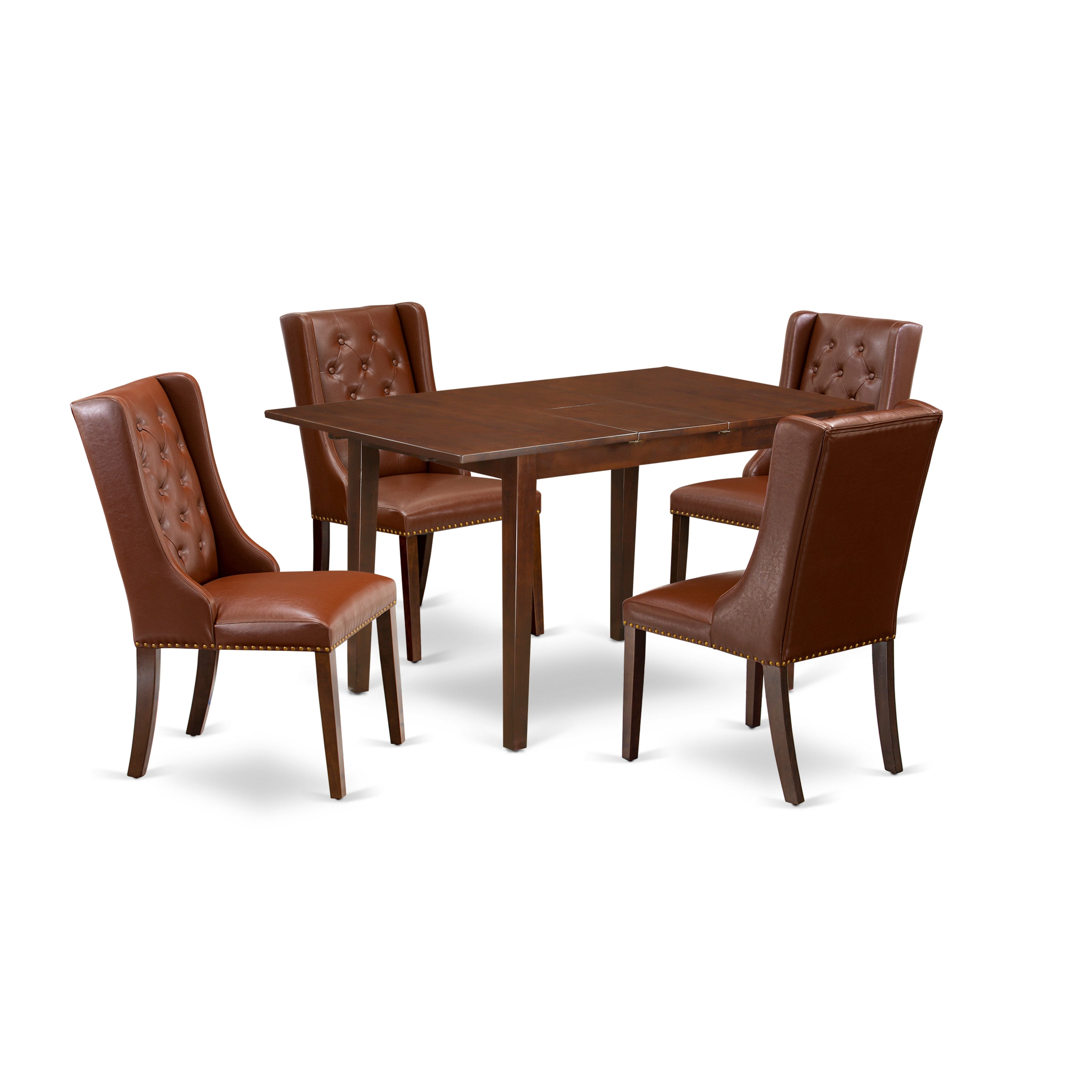 El juego de mesa de comedor de 5 piezas East West Furniture PSFO5-MAH-46 incluye una mesa de cocina rectangular con diseño de hojas de mariposa y 4 sillas tapizadas en piel sintética marrón.