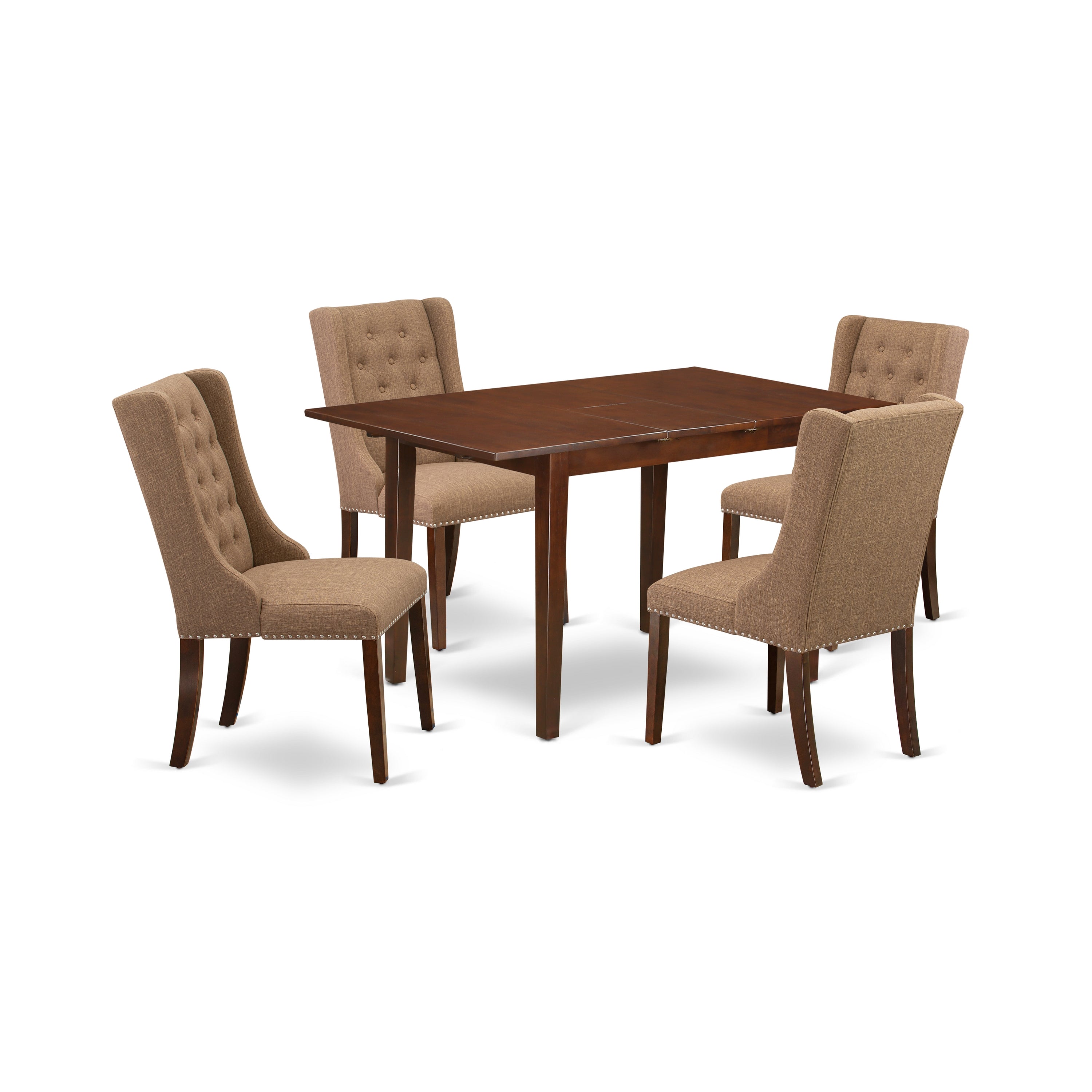East West Furniture PSFO5-MAH-47 5-Pc Modern Dining Set Includes 1 Removable leaf Dining Table and 4 Light Sable Linen Fabric Kitchen Chairs with Button Tufted Back - Mahogany Finish