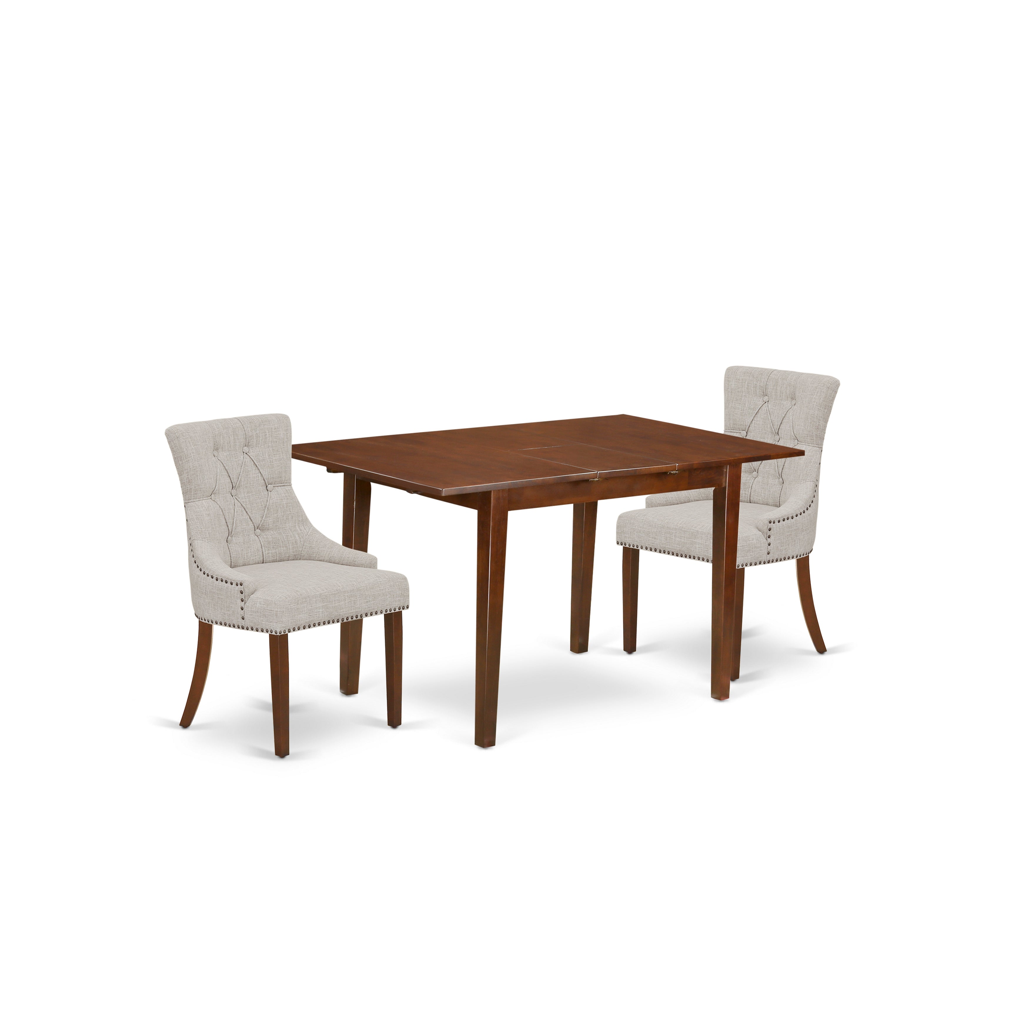 PSFR3-MAH-05 3Pc Dinette Set Includes a Rectangular Kitchen Table with Butterfly Leaf and Two Parson Chairs with Doeskin Fabric, Mahogany Finish