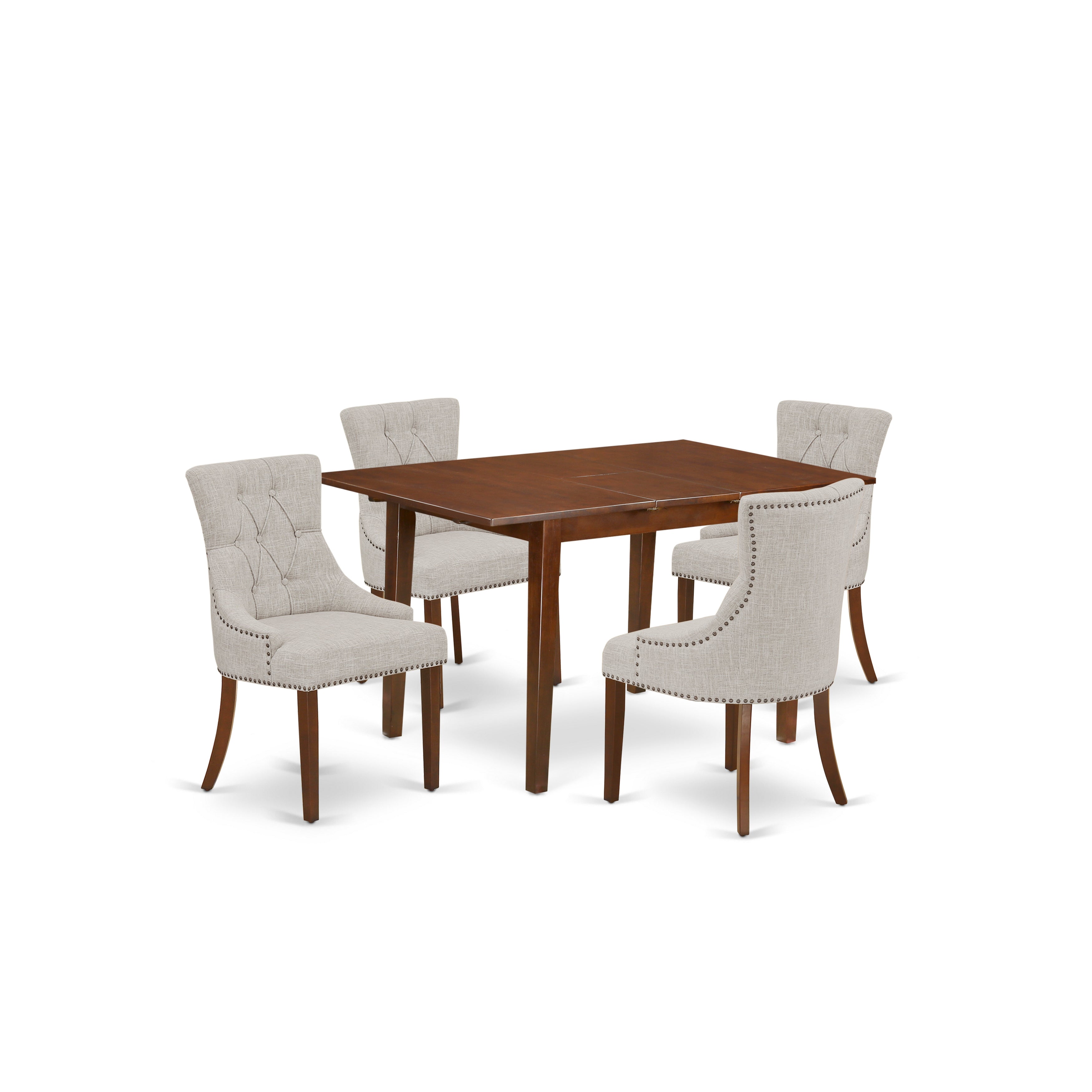 PSFR5-MAH-05 5Pc Dining Set Includes a Rectangle Dinette Table with Butterfly Leaf and Four Parson Chairs with Doeskin Fabric, Mahogany Finish