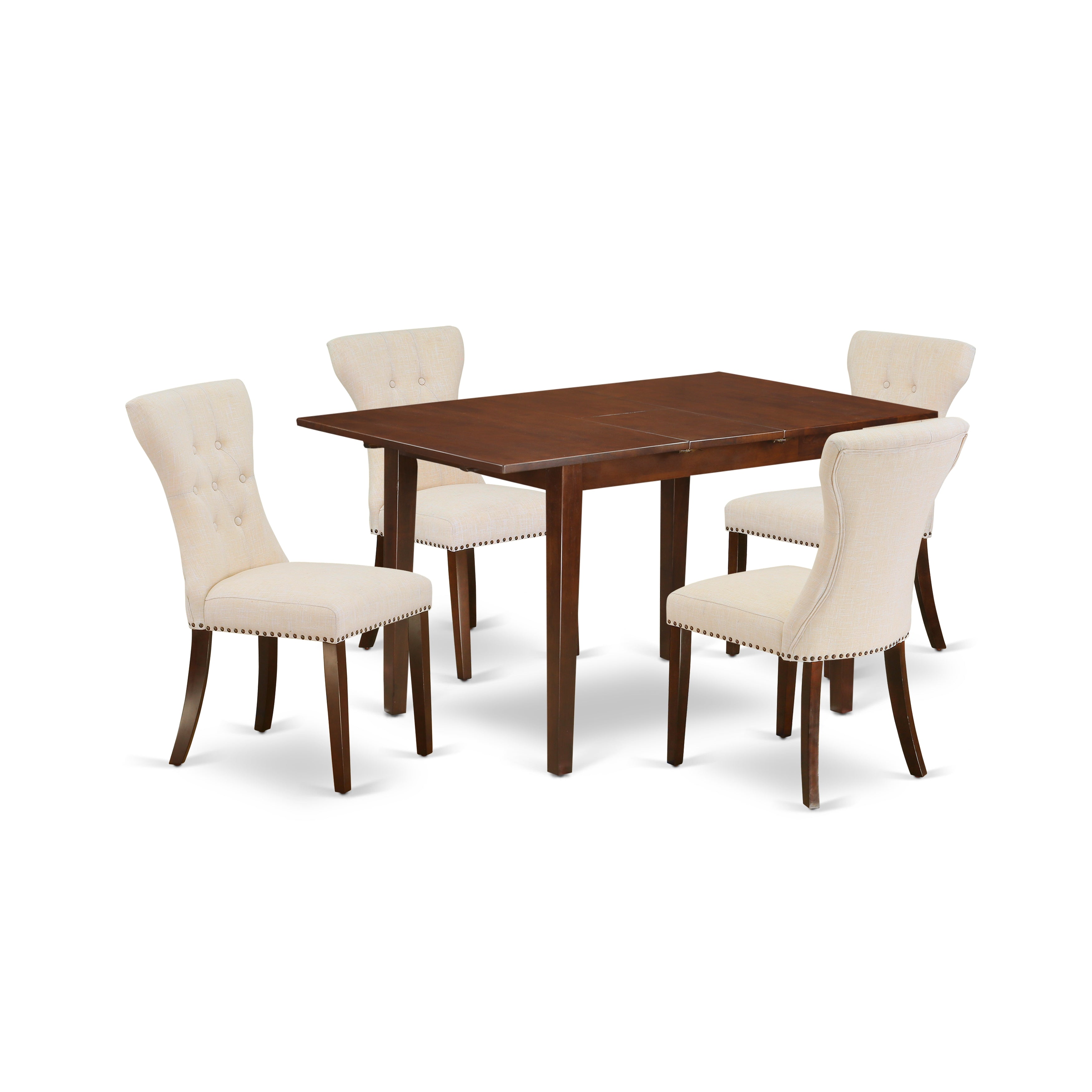 El juego de mesa y sillas de cocina East West Furniture PSGA5-MAH-32 de 5 piezas incluye una mesa de comedor rectangular con hojas de mariposa y 4 sillas Parson de tela de lino beige claro.