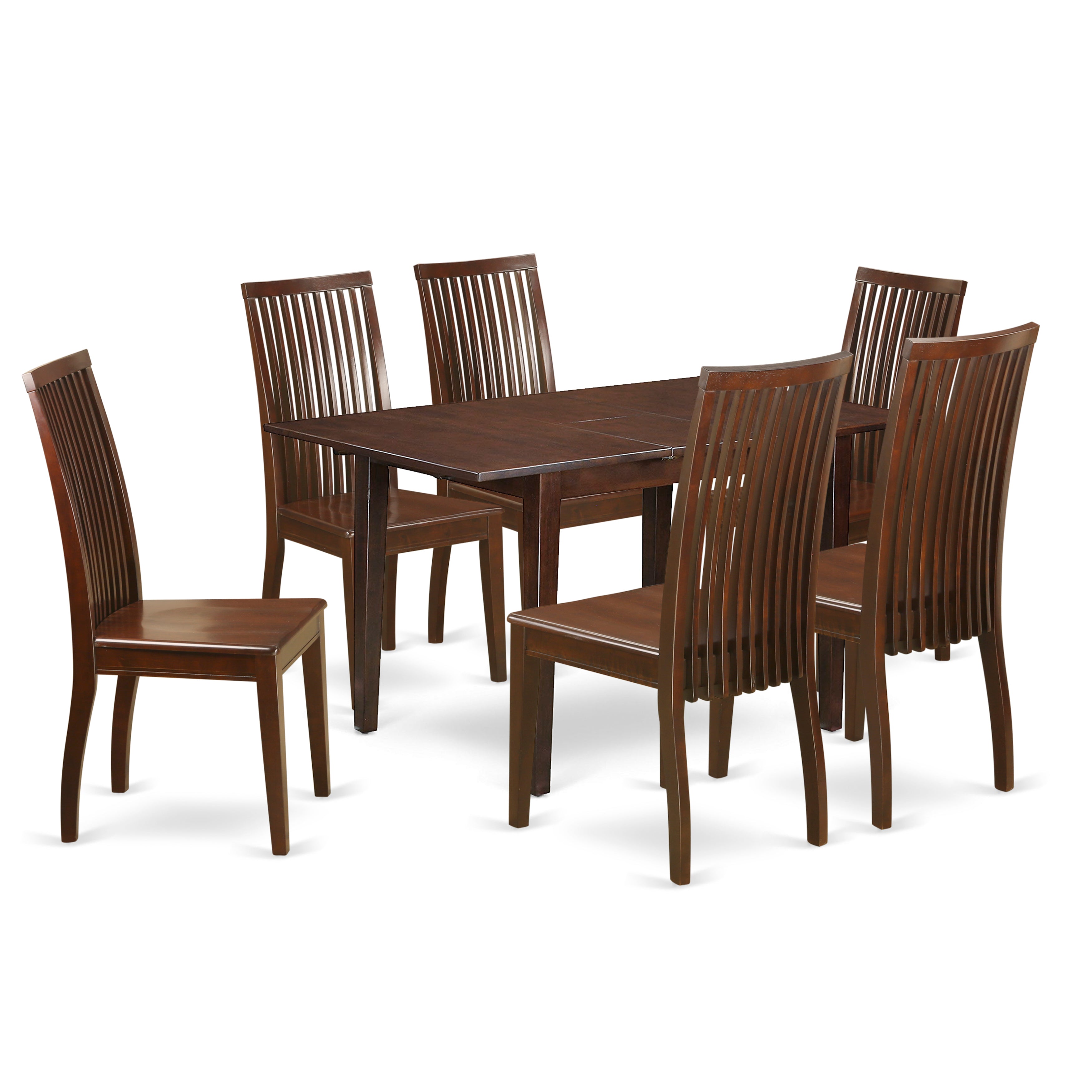 PSIP7-MAH-W 7-Piece Rectangular Kitchen table featuring 12" Leaf and Six Wood Chairs in Mahogany finish.