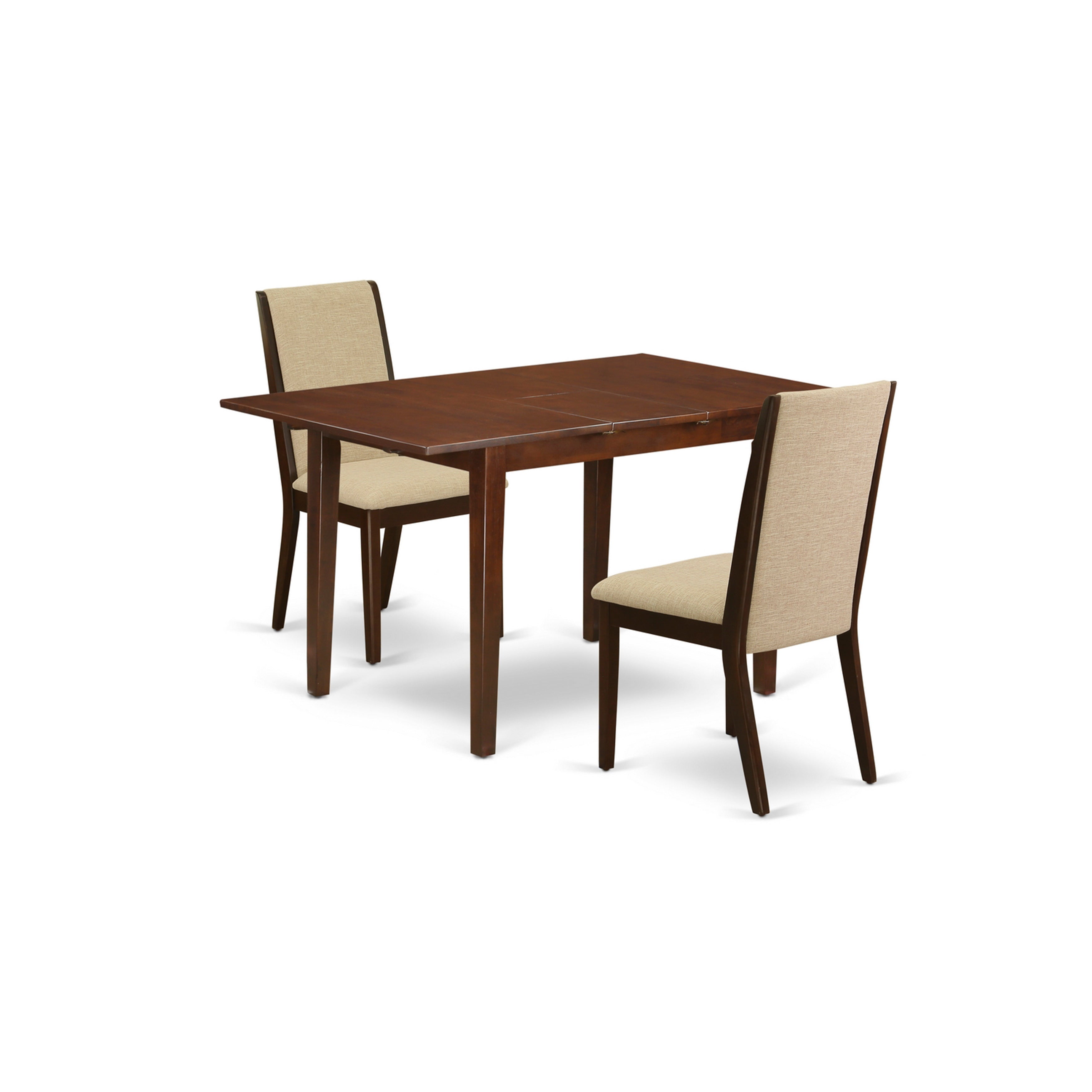 East West Furniture PSLA3-MAH-04 3-Piece Kitchen Table Set Included a Rectangular Butterfly Leaf Living Room Table & 2 Parson Chairs, Light Tan Linen Fabric Kitchen Chairs Seat with Rubber Wood Legs, Mahogany Finish