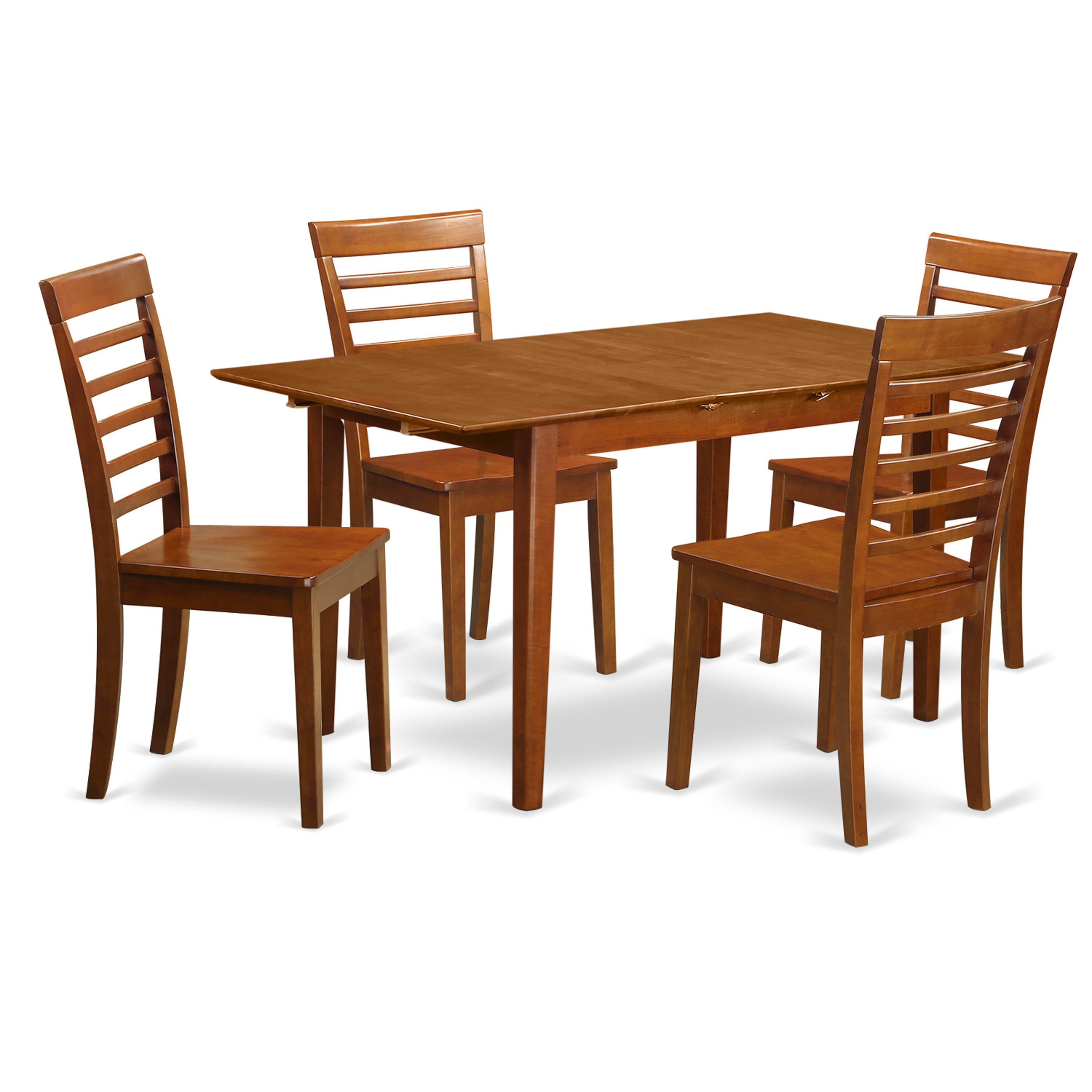 Juego de comedor East West Furniture PSML5-SBR-W de 5 piezas para 4 personas. Incluye una mesa de comedor rectangular con diseño de hojas de mariposa y 4 sillas de comedor de cocina.