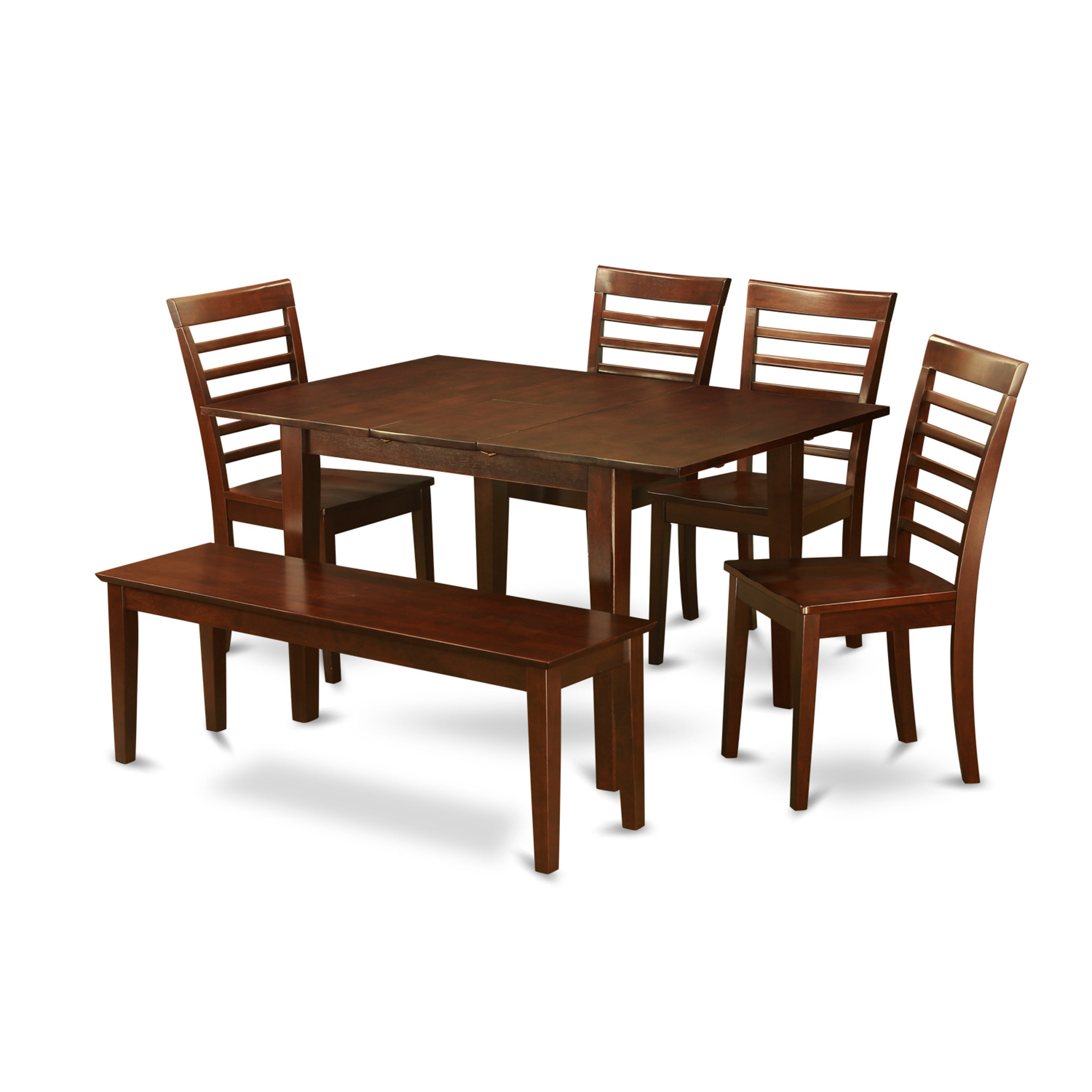 Juego de mesa de comedor moderna East West Furniture PSML6D-MAH-W de 6 piezas. Contiene una mesa rectangular de madera con hojas de mariposa y 4 sillas de comedor con un banco.