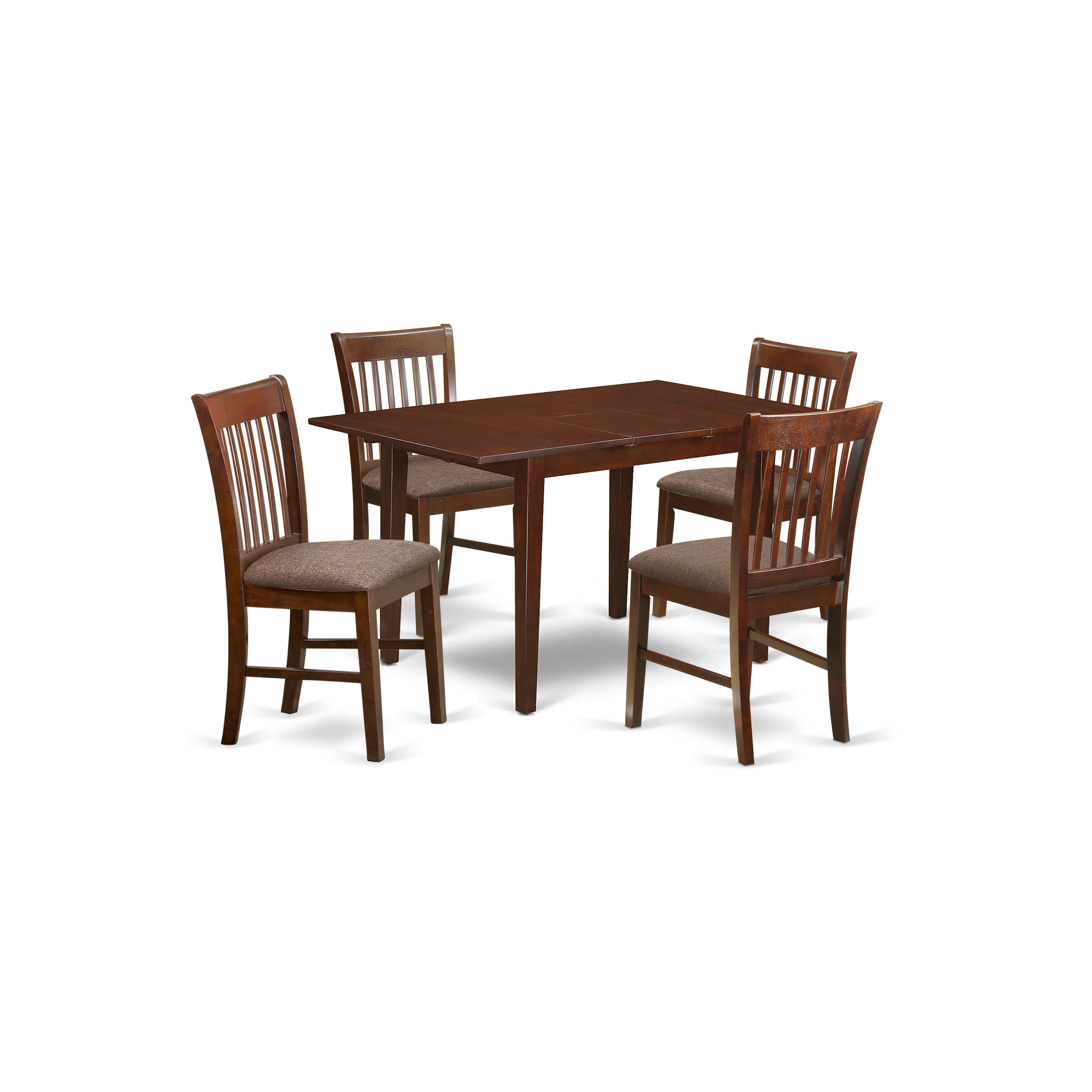 El juego de mesa y sillas de cocina East West Furniture PSNO5-MAH-C de 5 piezas incluye una mesa de comedor rectangular con diseño de hojas de mariposa y 4 sillas de comedor de tela de lino.