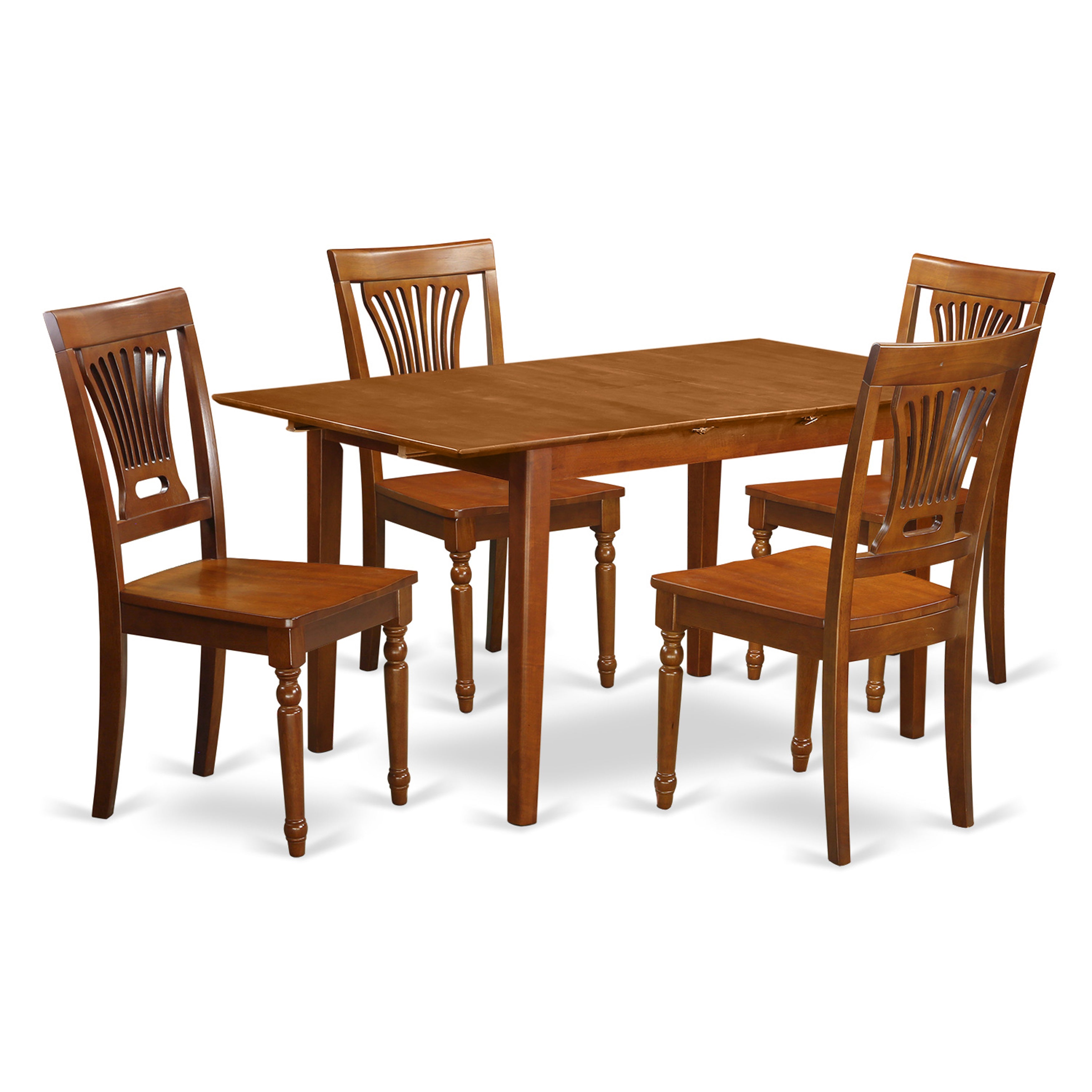 El juego de mesa de comedor moderno East West Furniture PSPL5-SBR-W de 5 piezas incluye una mesa rectangular de madera con diseño de hojas de mariposa y 4 sillas de comedor.