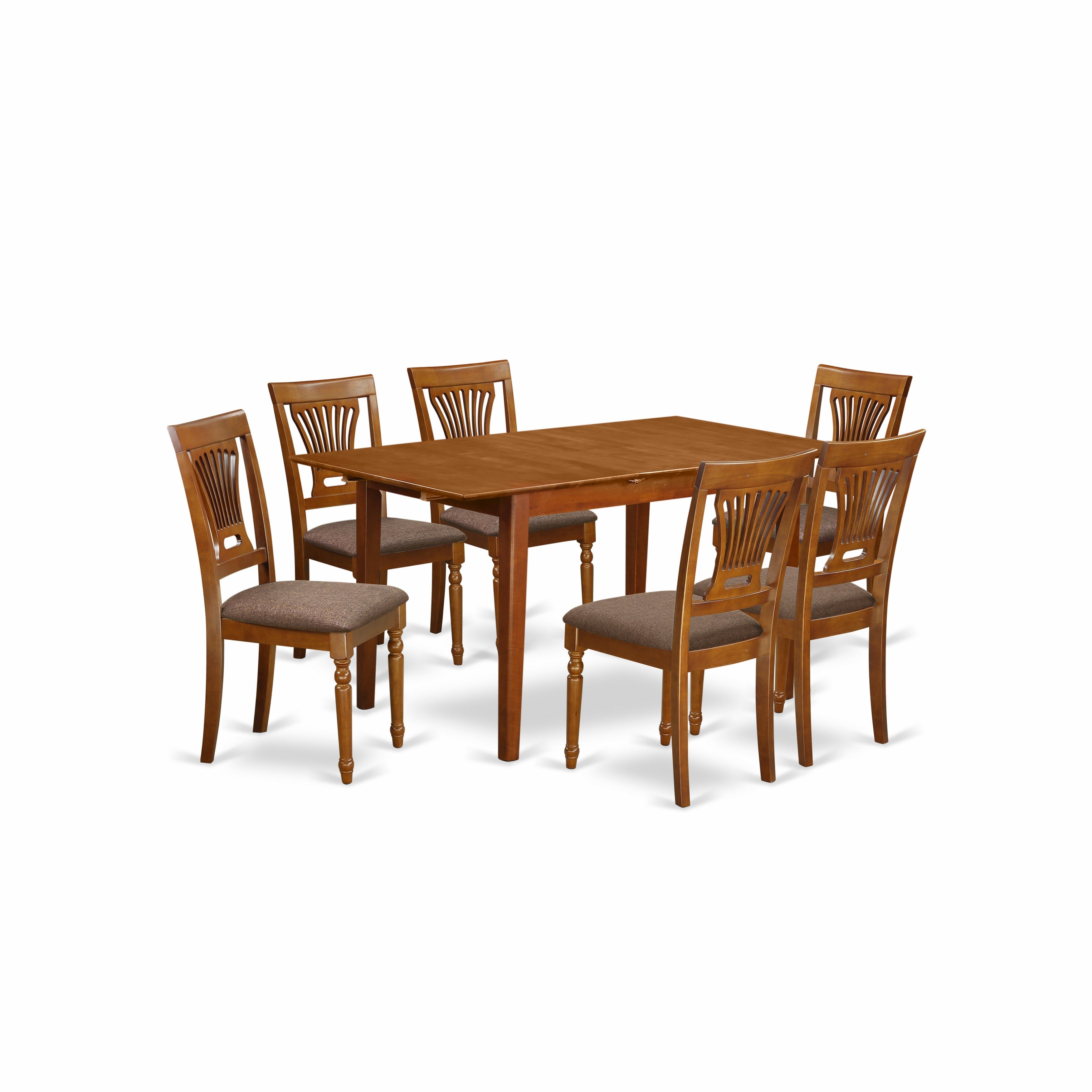 Juego de mesa de comedor East West Furniture PSPL7-SBR-C de 7 piezas compuesto por una mesa rectangular con hojas de mariposa y 6 sillas tapizadas en tela de lino.