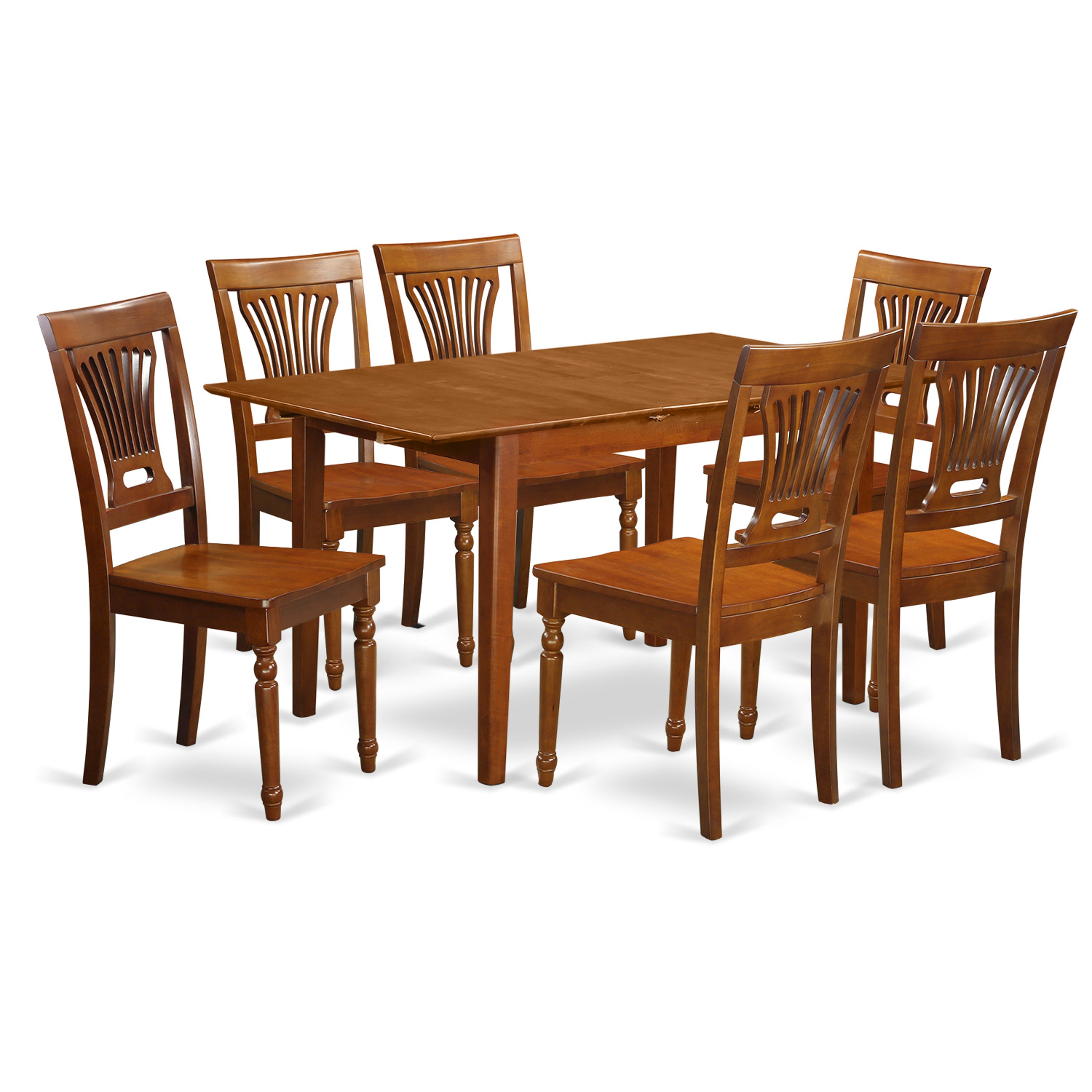 Juego de comedor East West Furniture PSPL7-SBR-W de 7 piezas compuesto por una mesa rectangular con hojas de mariposa y 6 sillas con asiento de madera.